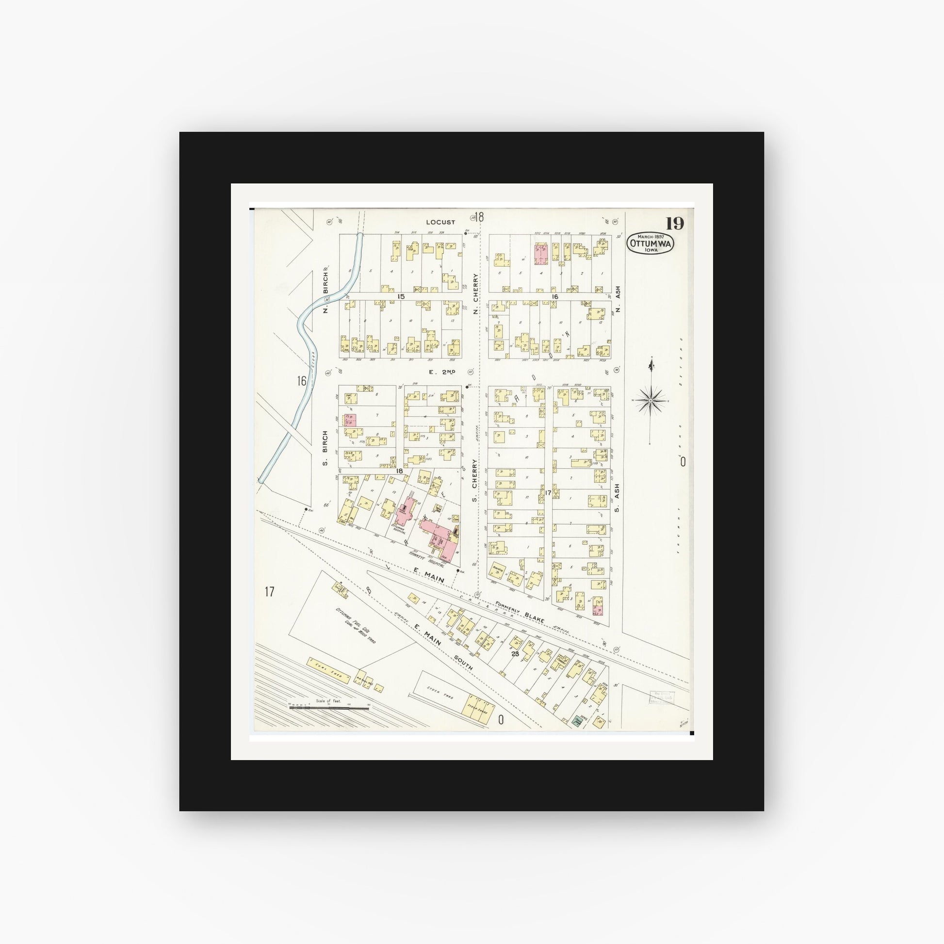 Old map wall art mockup — black gallery frame with white mat — Sanborn Fire Insurance Map from Ottumwa, Wapello County, Iowa (1897), Sheet #0019