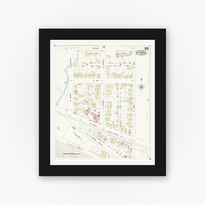 Old map wall art mockup — black gallery frame with white mat — Sanborn Fire Insurance Map from Ottumwa, Wapello County, Iowa (1897), Sheet #0019