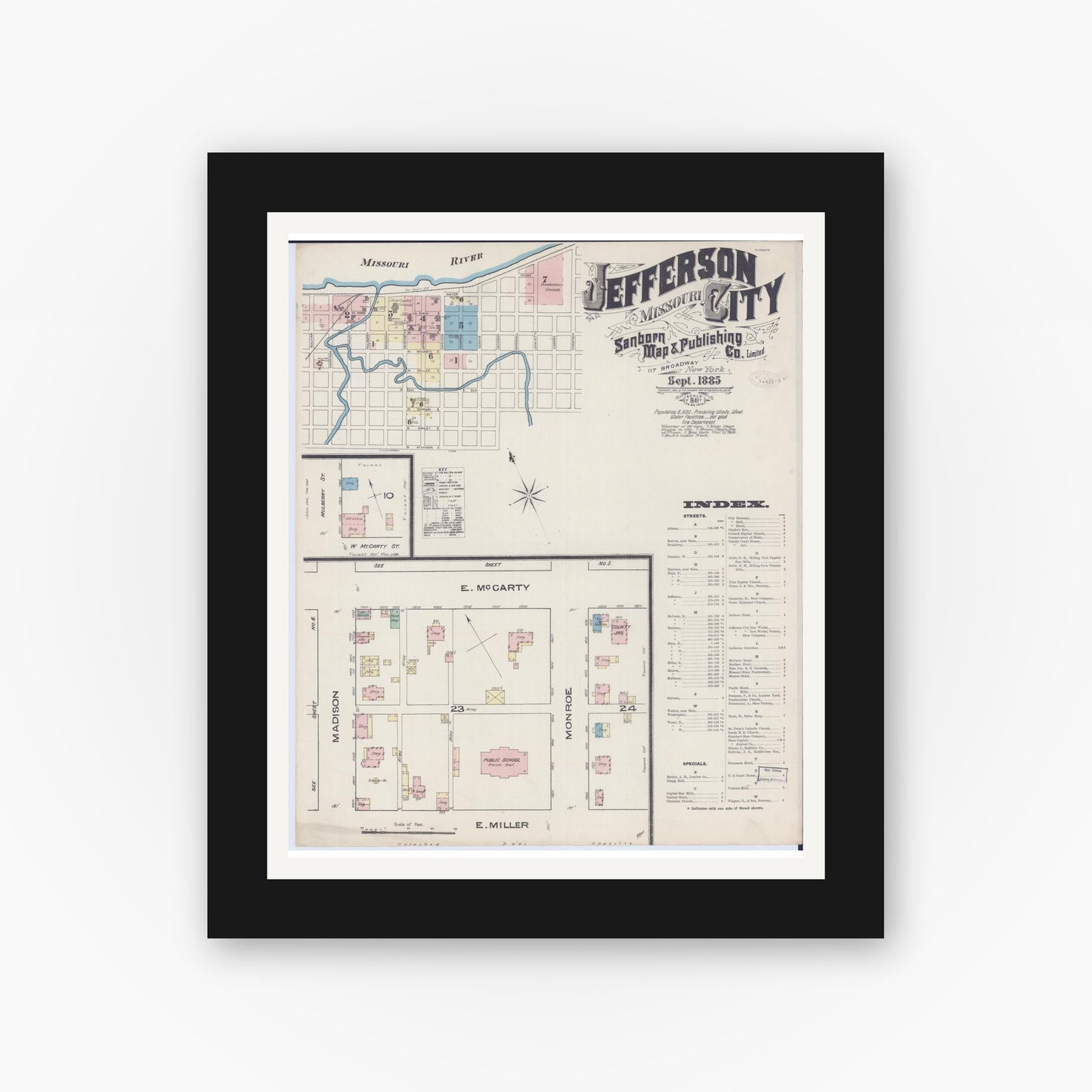 Old map wall art mockup — black gallery frame with white mat — Sanborn Fire Insurance Map from Jefferson City, Cole County, Missouri (1885), Sheet #0001
