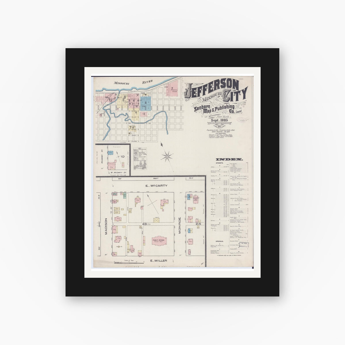 Old map wall art mockup — black gallery frame with white mat — Sanborn Fire Insurance Map from Jefferson City, Cole County, Missouri (1885), Sheet #0001