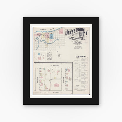 Old map wall art mockup — black gallery frame with white mat — Sanborn Fire Insurance Map from Jefferson City, Cole County, Missouri (1885), Sheet #0001
