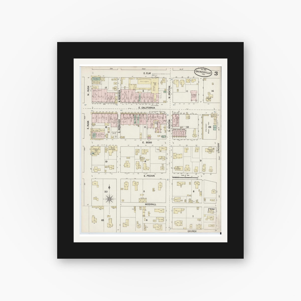 Old map wall art mockup — black gallery frame with white mat — Sanborn Fire Insurance Map from Gainesville, Cooke County, Texas (1888), Sheet #0003