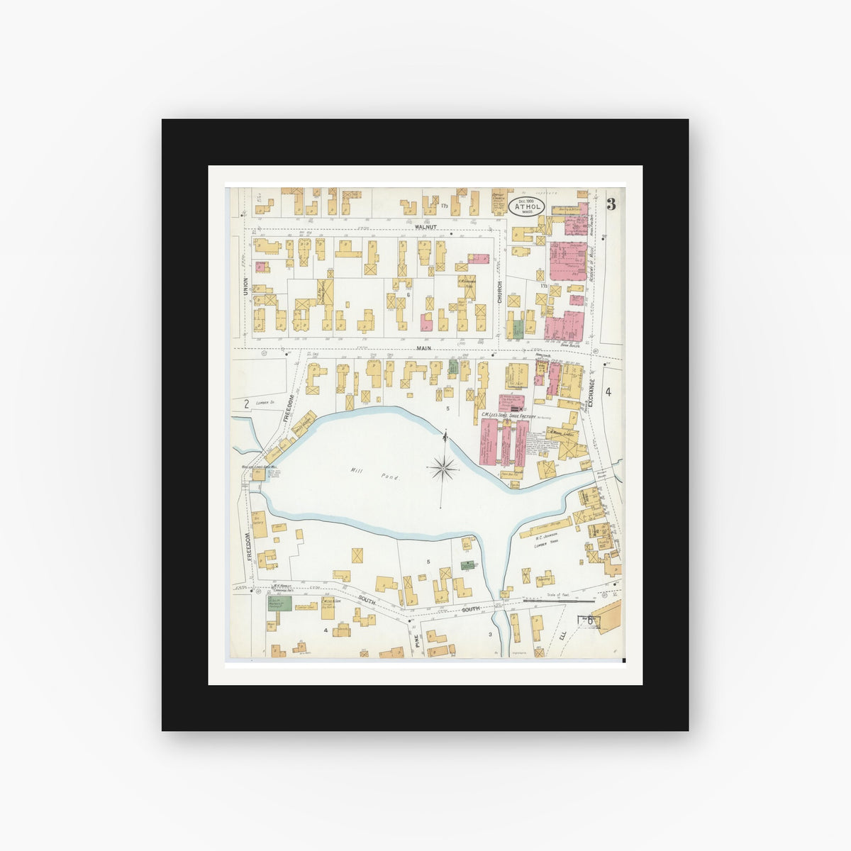 Old map wall art mockup — black gallery frame with white mat — Sanborn Fire Insurance Map from Athol, Worcester County, Massachusetts (1900), Sheet #0003