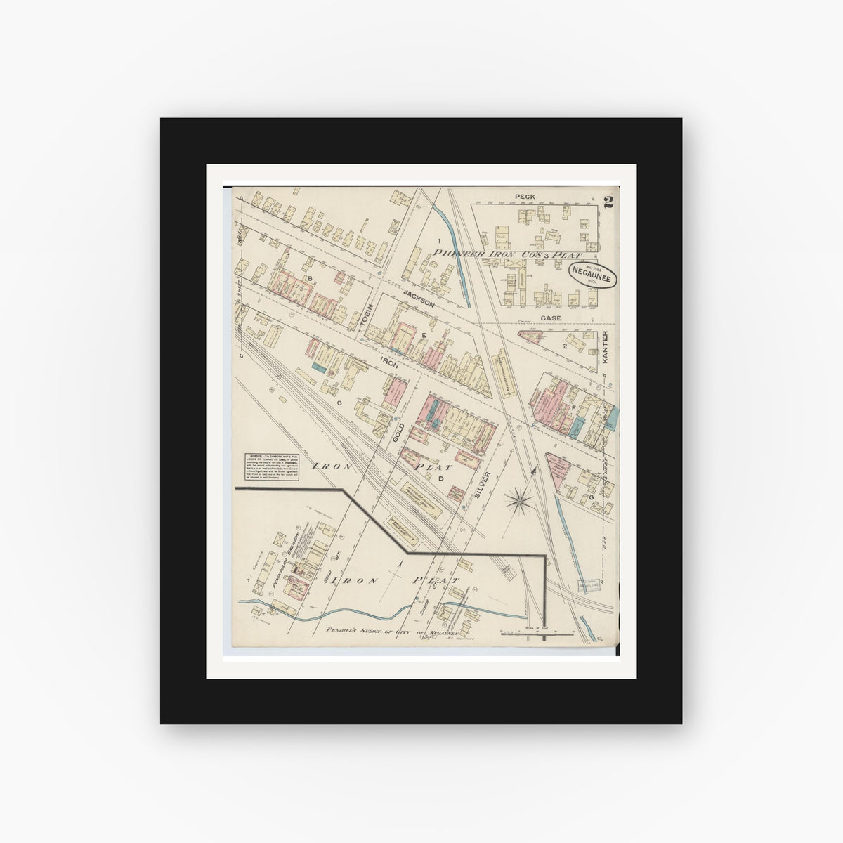 Old map wall art mockup — black gallery frame with white mat — Sanborn Fire Insurance Map from Negaunee, Marquette County, Michigan (1884), Sheet #0002