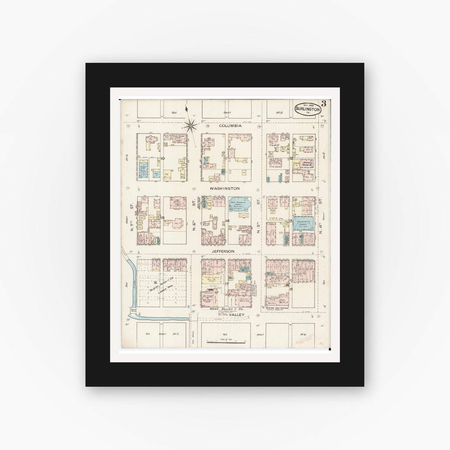 Old map wall art mockup — black gallery frame with white mat — Sanborn Fire Insurance Map from Burlington, Des Moines County, Iowa (1888), Sheet #0003