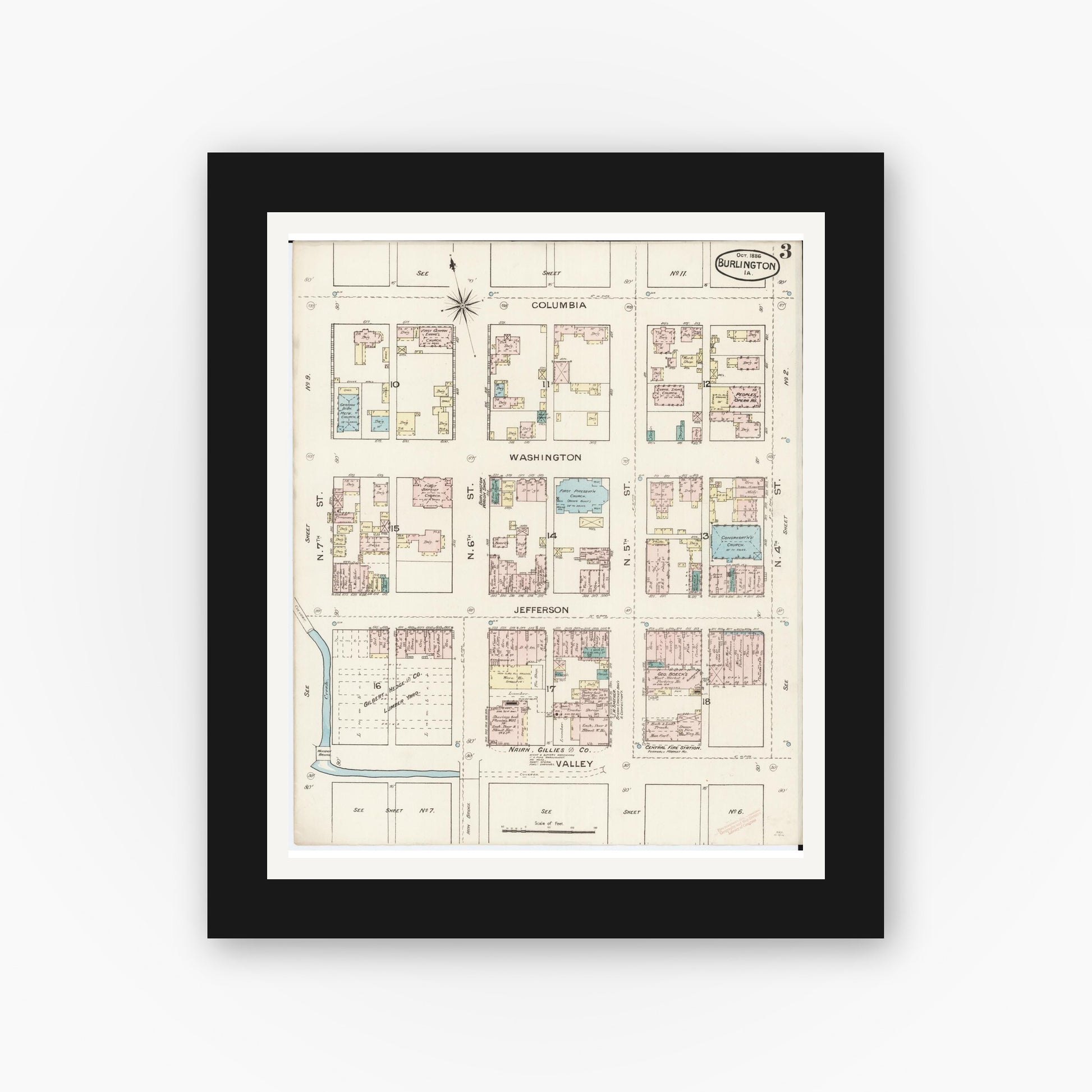 Old map wall art mockup — black gallery frame with white mat — Sanborn Fire Insurance Map from Burlington, Des Moines County, Iowa (1888), Sheet #0003