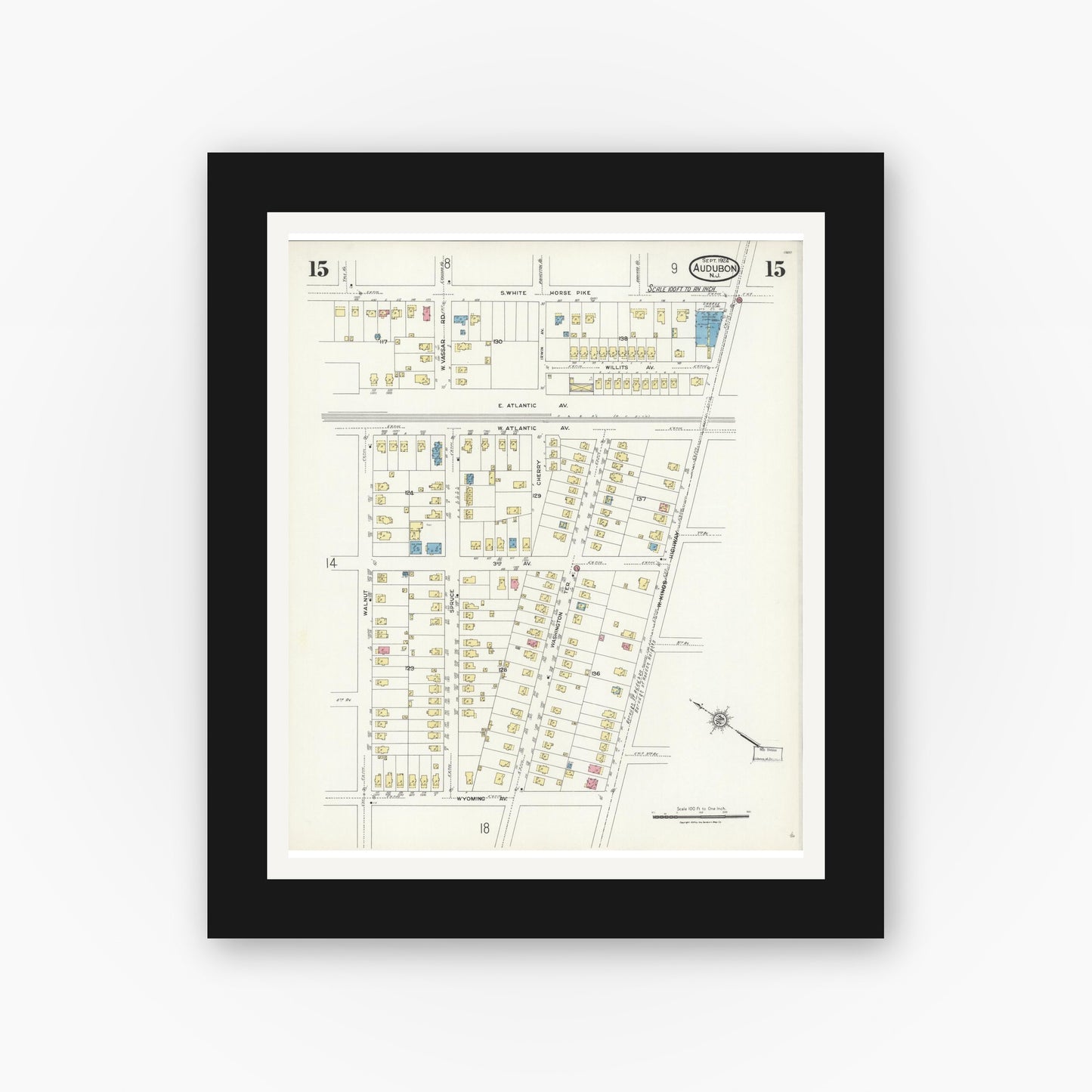Old map wall art mockup — black gallery frame with white mat — Sanborn Fire Insurance Map from Audubon, Camden County, New Jersey (1924), Sheet #0015