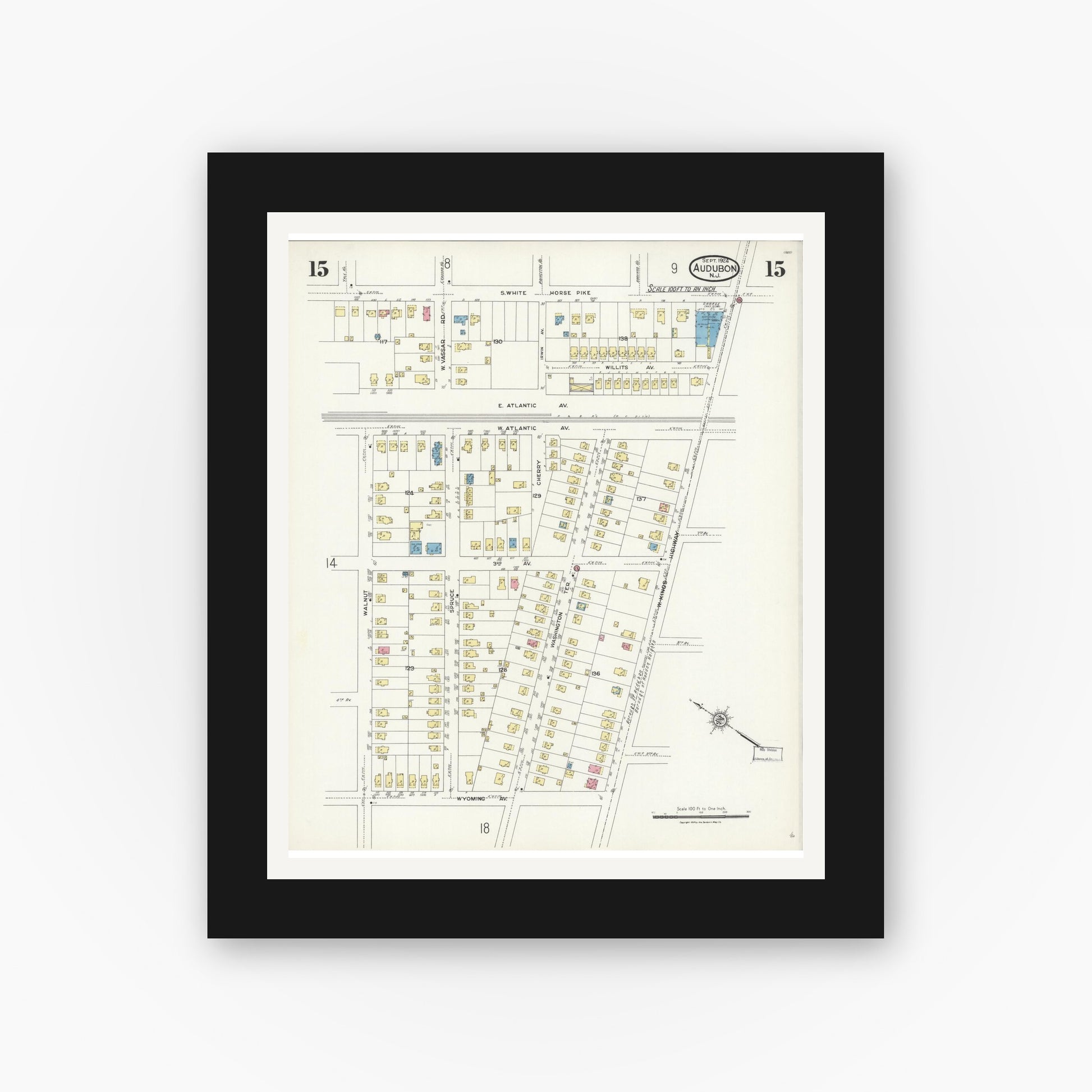 Old map wall art mockup — black gallery frame with white mat — Sanborn Fire Insurance Map from Audubon, Camden County, New Jersey (1924), Sheet #0015