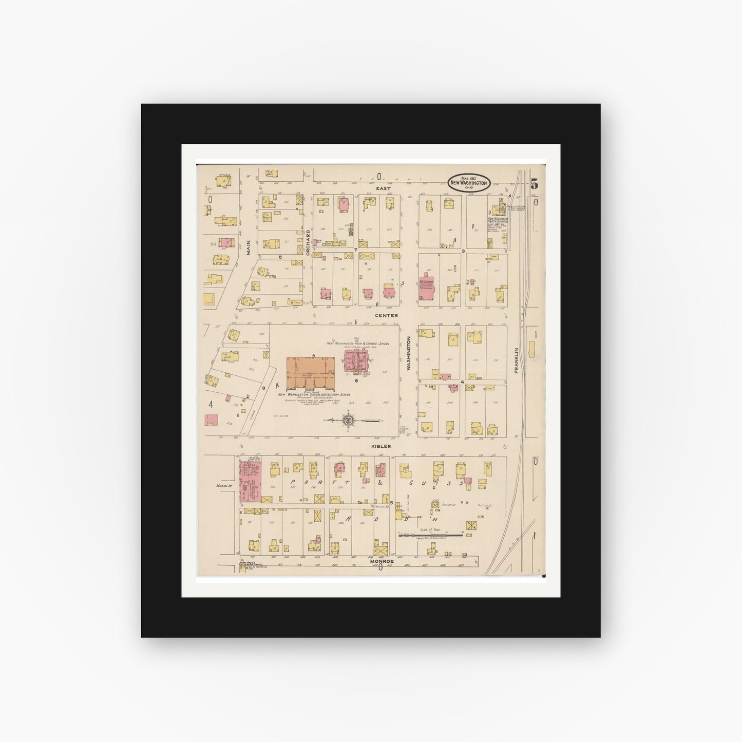 Old map wall art mockup — black gallery frame with white mat — Sanborn Fire Insurance Map from New Washington, Crawford County, Ohio (1922), Sheet #0005