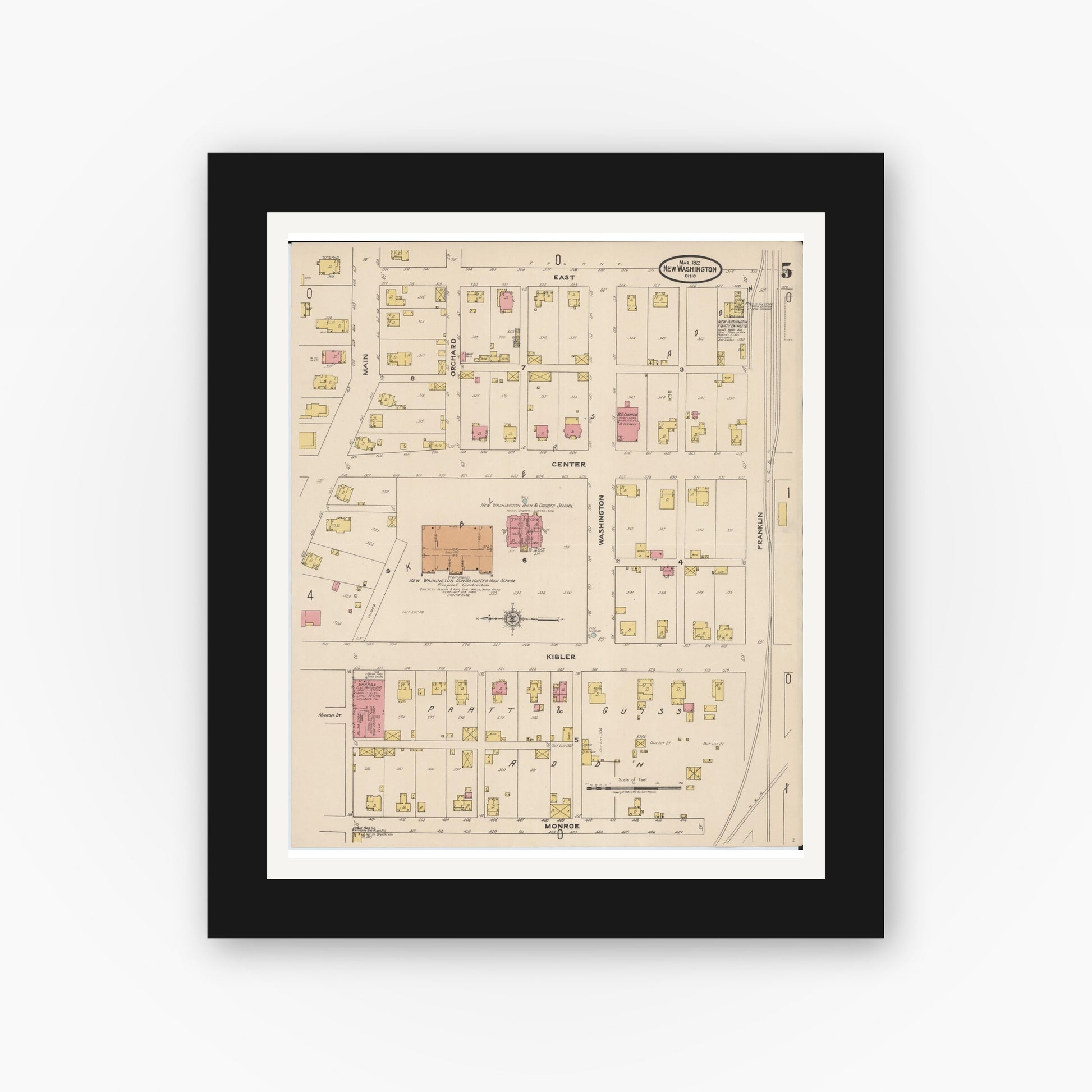 Old map wall art mockup — black gallery frame with white mat — Sanborn Fire Insurance Map from New Washington, Crawford County, Ohio (1922), Sheet #0005