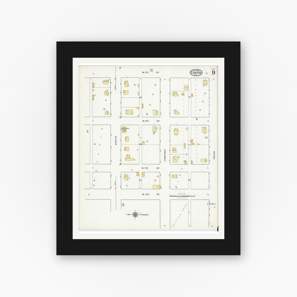 Old map wall art mockup — black gallery frame with white mat — Sanborn Fire Insurance Map from Canyon, Randall County, Texas (1920), Sheet #0009