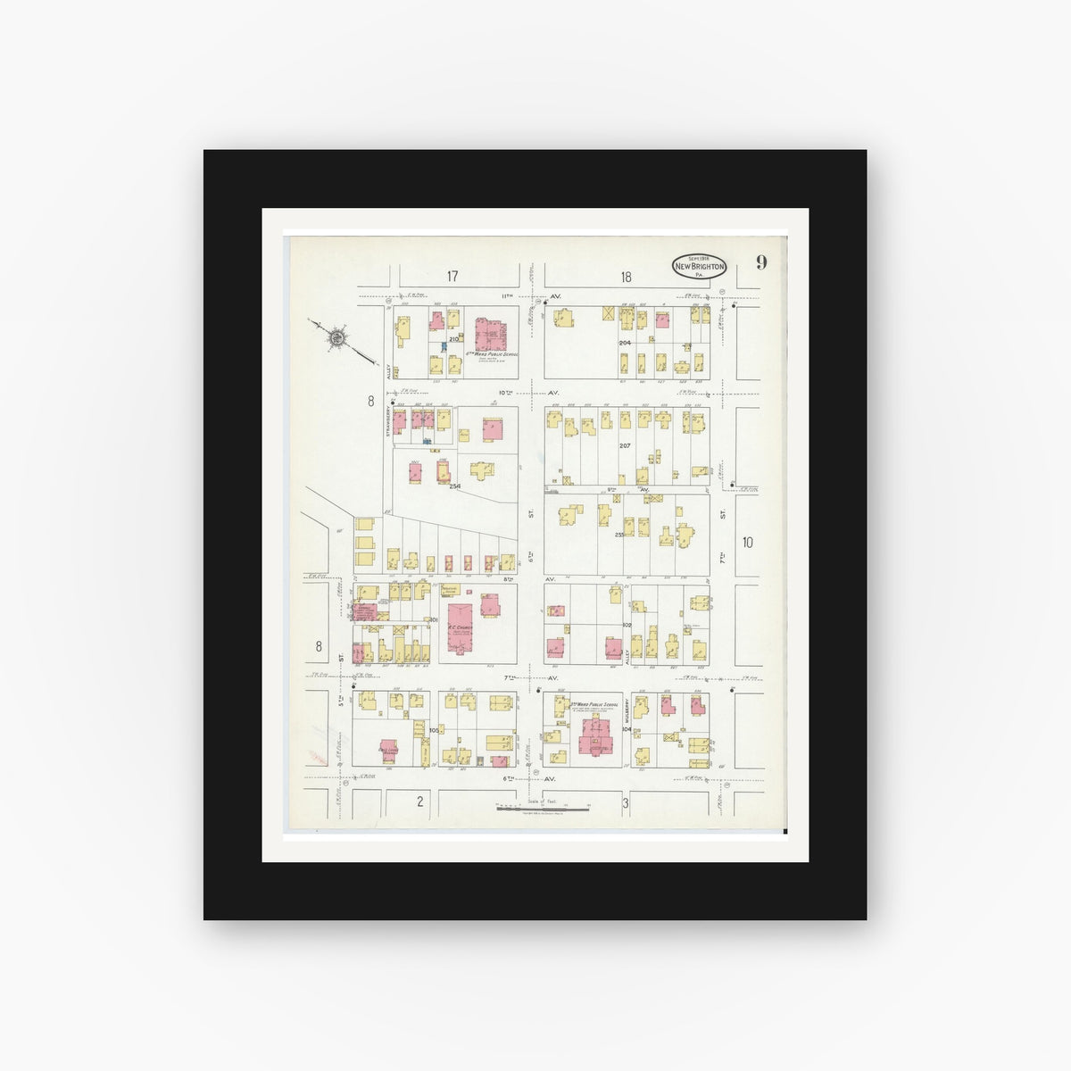 Old map wall art mockup — black gallery frame with white mat — Sanborn Fire Insurance Map from New Brighton, Beaver County, Pennsylvania (1918), Sheet #0009
