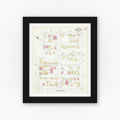 Old map wall art mockup — black gallery frame with white mat — Sanborn Fire Insurance Map from New Brighton, Beaver County, Pennsylvania (1918), Sheet #0009