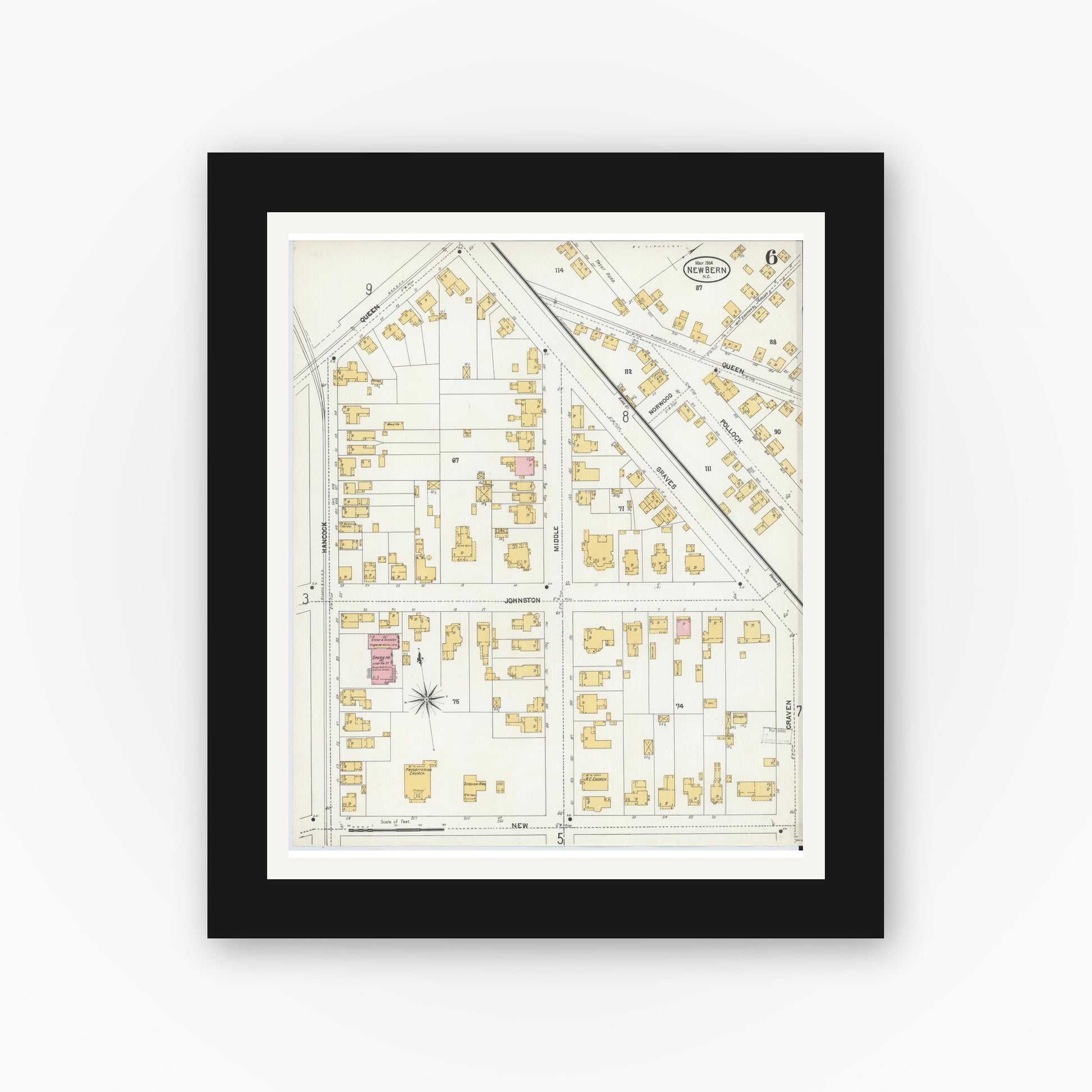 Old map wall art mockup — black gallery frame with white mat — Sanborn Fire Insurance Map from New Bern, Craven County, North Carolina (1904), Sheet #0006
