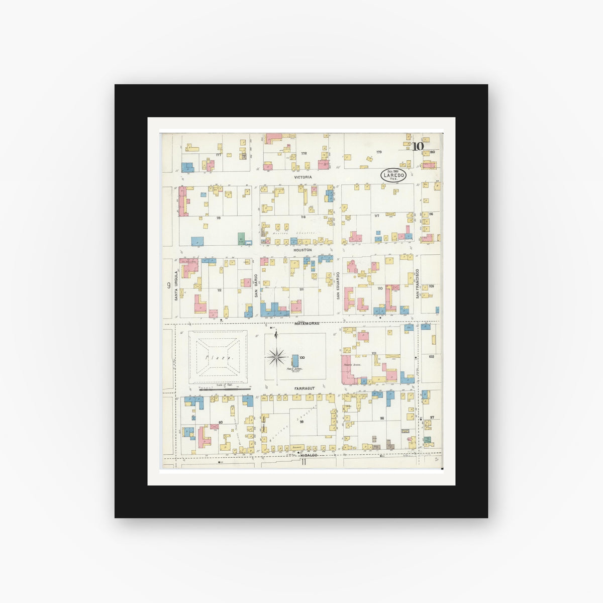 Old map wall art mockup — black gallery frame with white mat — Sanborn Fire Insurance Map from Laredo, Webb County, Texas (1905), Sheet #0010