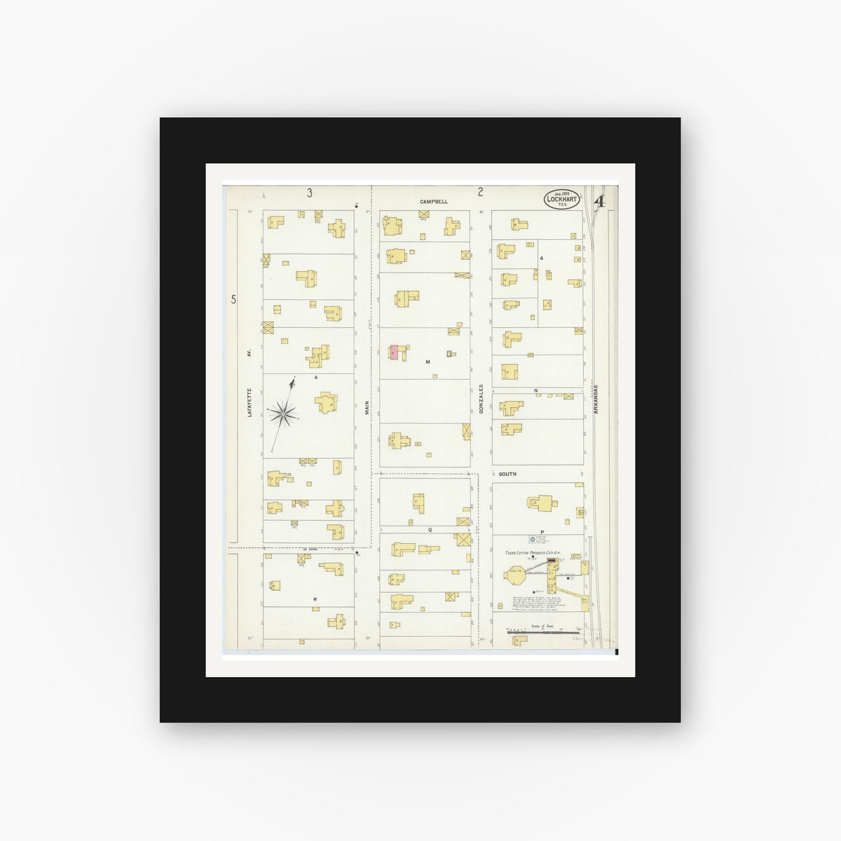 Old map wall art mockup — black gallery frame with white mat — Sanborn Fire Insurance Map from Lockhart, Caldwell County, Texas (1903), Sheet #0004