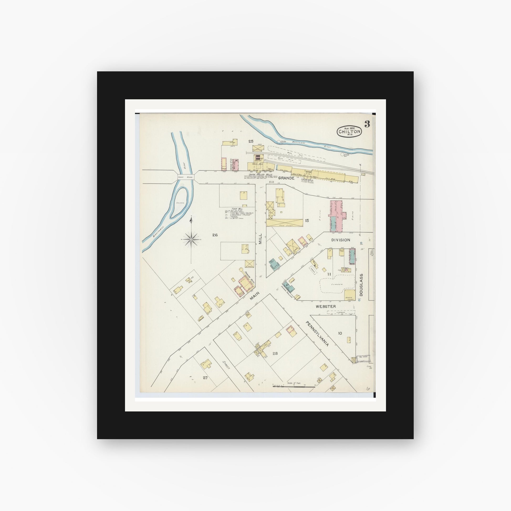 Old map wall art mockup — black gallery frame with white mat — Sanborn Fire Insurance Map from Chilton, Calumet County, Wisconsin (1892), Sheet #0003