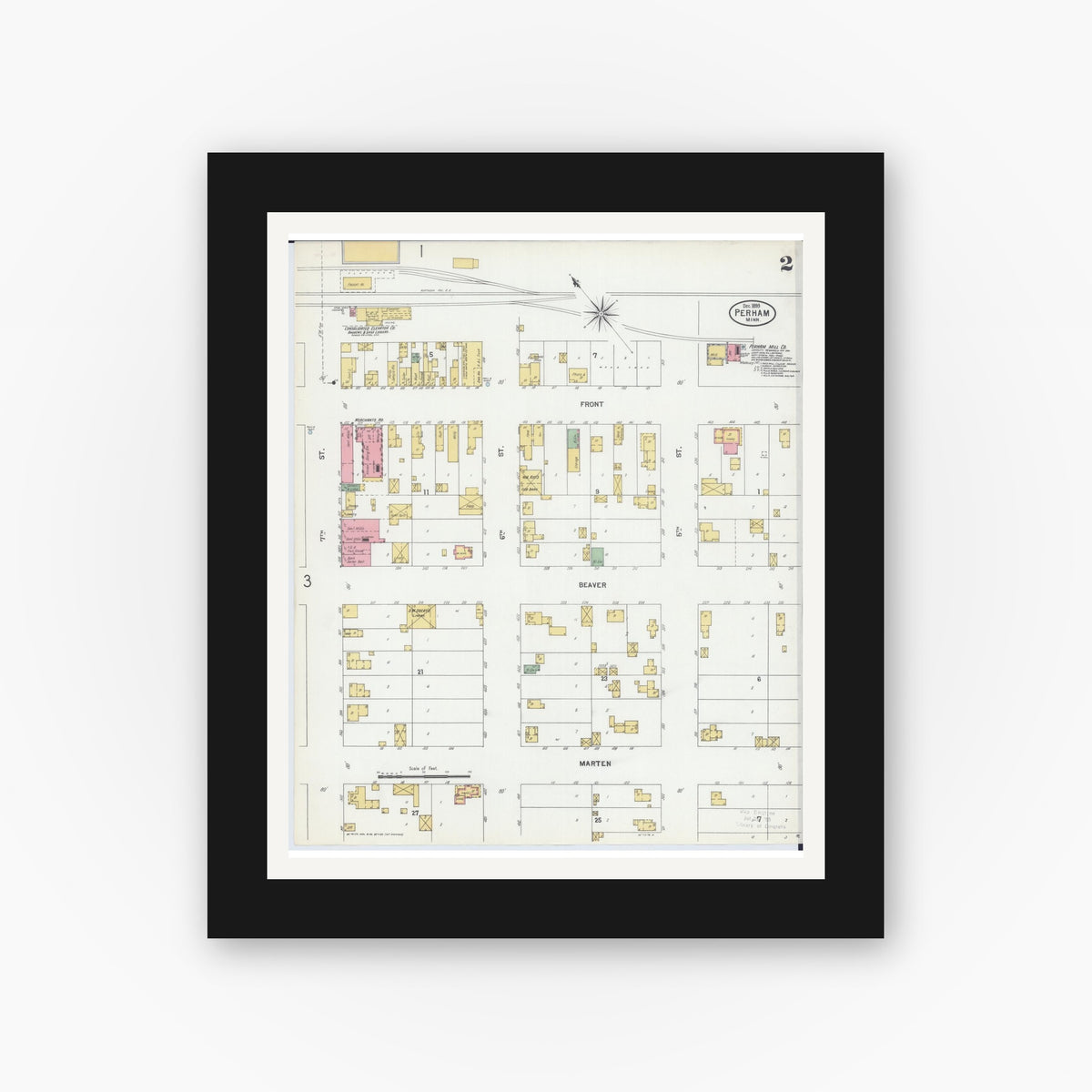 Old map wall art mockup — black gallery frame with white mat — Sanborn Fire Insurance Map from Perham, Otter Tail County, Minnesota (1899), Sheet #0002