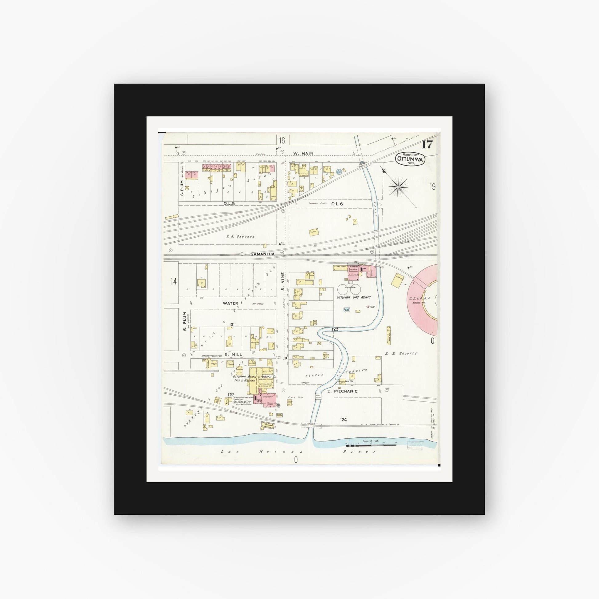 Old map wall art mockup — black gallery frame with white mat — Sanborn Fire Insurance Map from Ottumwa, Wapello County, Iowa (1897), Sheet #0017