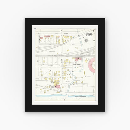 Old map wall art mockup — black gallery frame with white mat — Sanborn Fire Insurance Map from Ottumwa, Wapello County, Iowa (1897), Sheet #0017