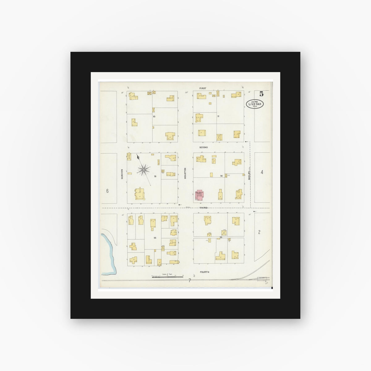 Old map wall art mockup — black gallery frame with white mat — Sanborn Fire Insurance Map from Live Oak, Suwanee County, Florida (1906), Sheet #0005