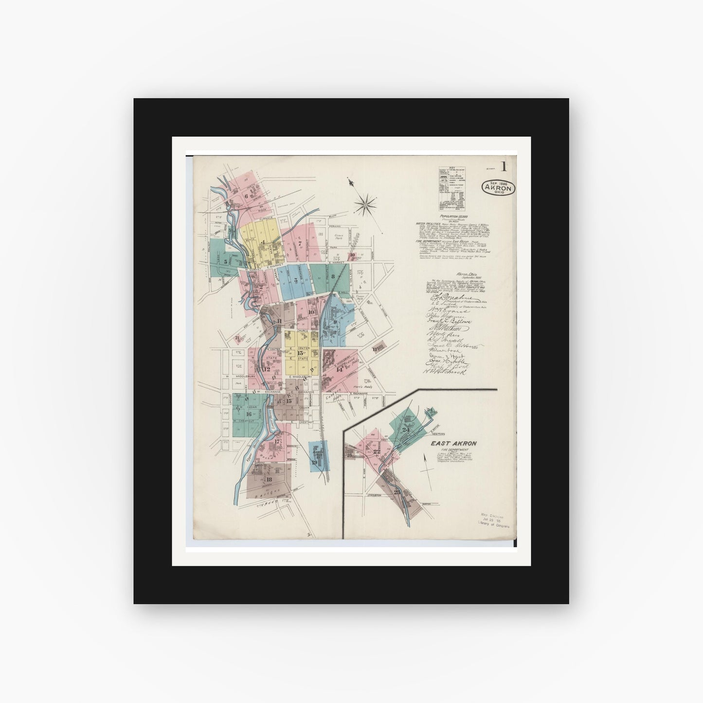 Old map wall art mockup — black gallery frame with white mat — Sanborn Fire Insurance Map from Akron, Summit County, Ohio (1886) - Complete Map Set