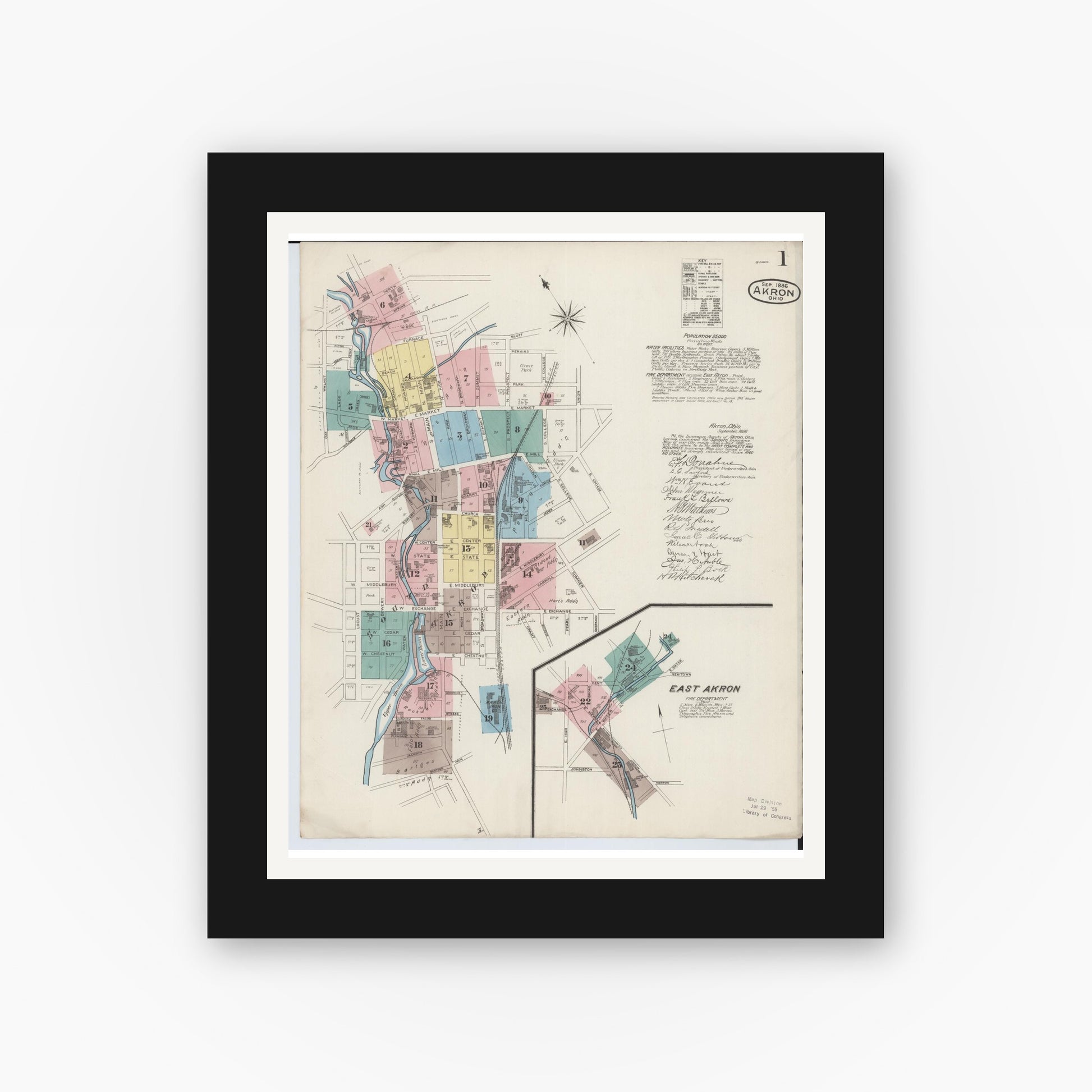 Old map wall art mockup — black gallery frame with white mat — Sanborn Fire Insurance Map from Akron, Summit County, Ohio (1886) - Complete Map Set
