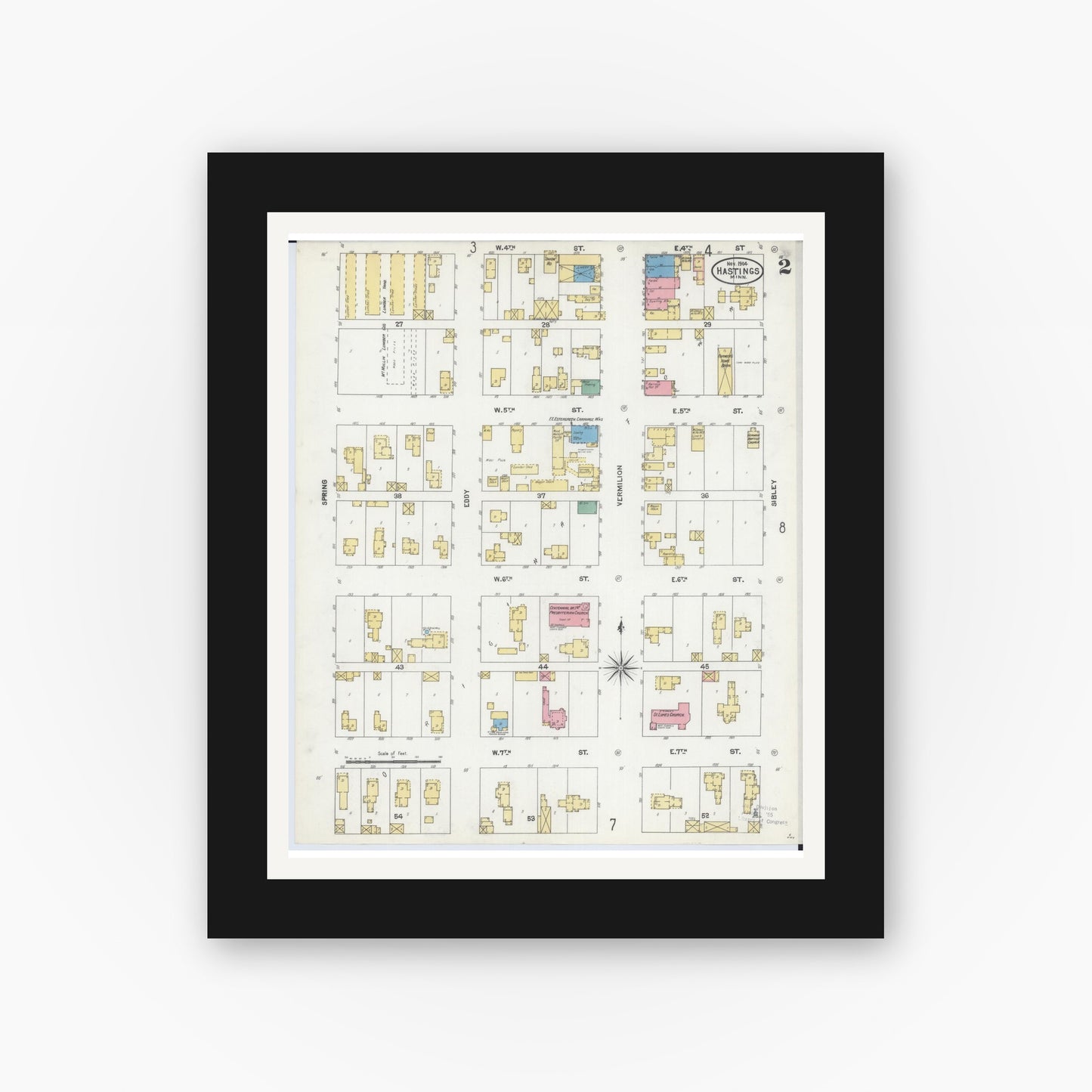 Old map wall art mockup — black gallery frame with white mat — Sanborn Fire Insurance Map from Hastings, Dakota County, Minnesota (1904), Sheet #0002
