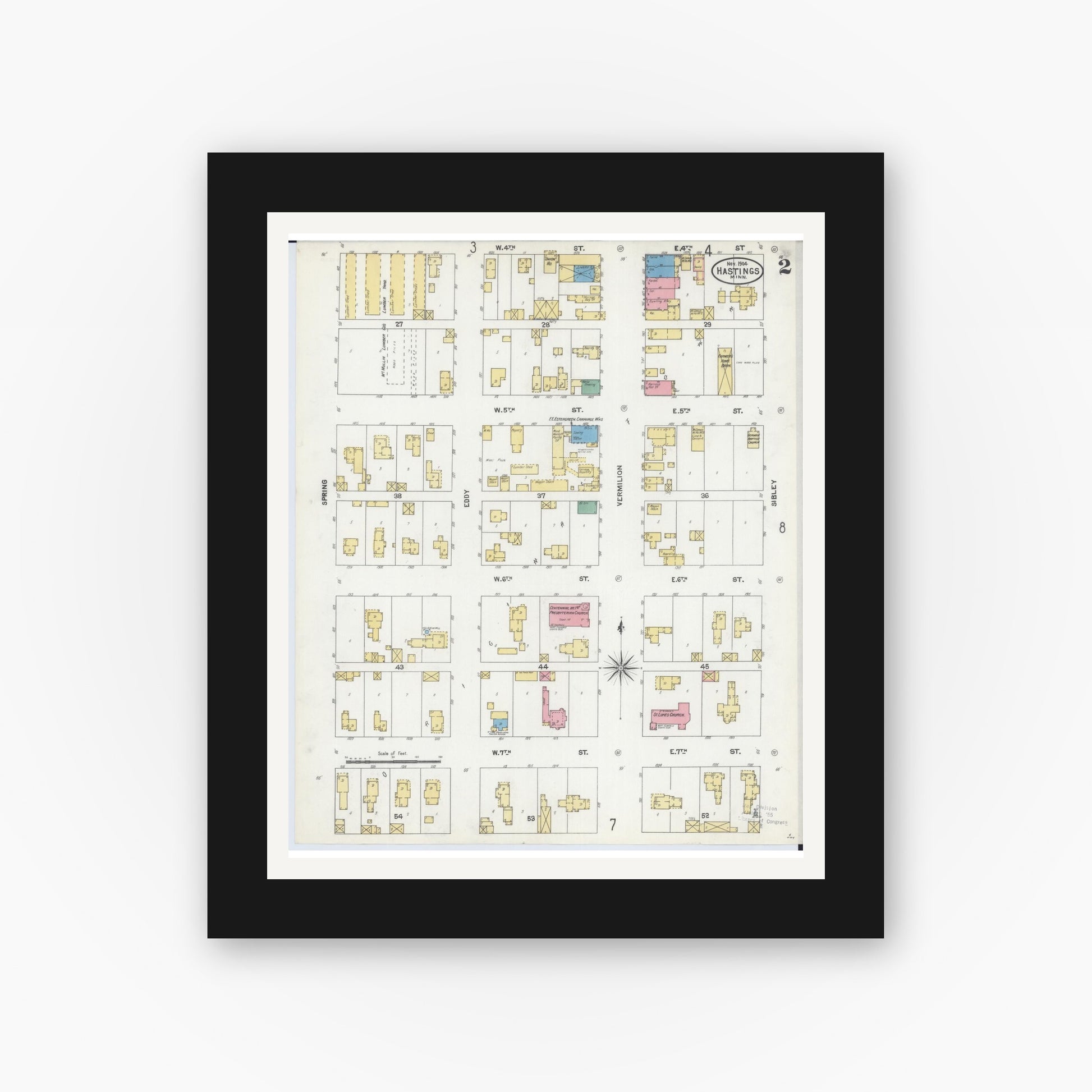 Old map wall art mockup — black gallery frame with white mat — Sanborn Fire Insurance Map from Hastings, Dakota County, Minnesota (1904), Sheet #0002