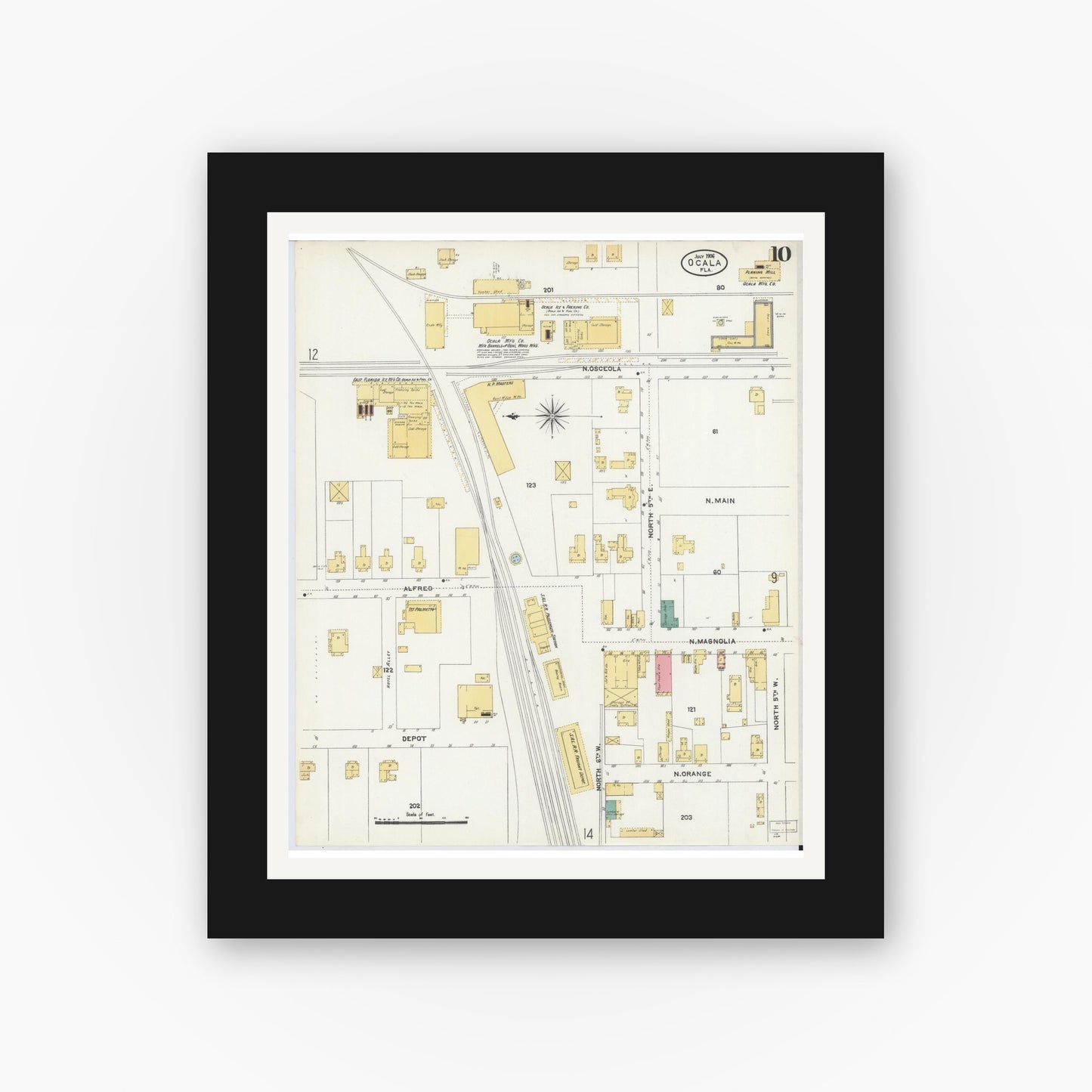 Old map wall art mockup — black gallery frame with white mat — Sanborn Fire Insurance Map from Ocala, Marion County, Florida (1906), Sheet #0010