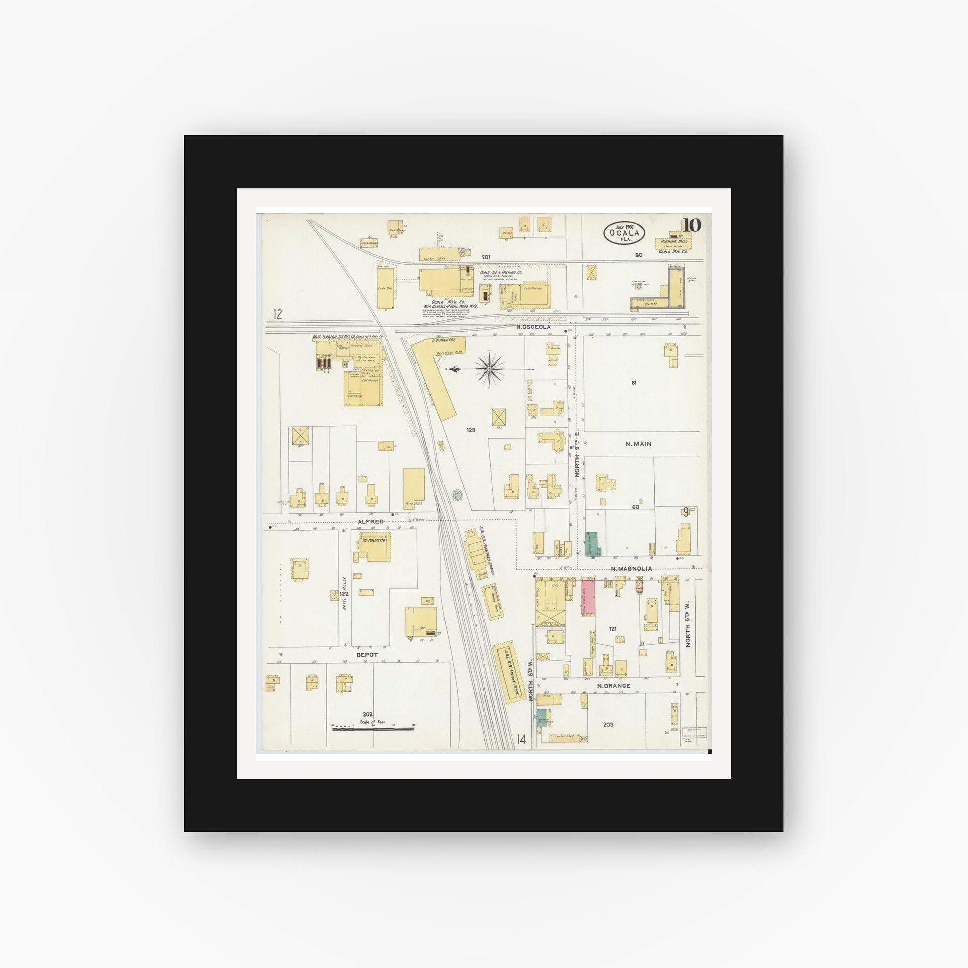 Old map wall art mockup — black gallery frame with white mat — Sanborn Fire Insurance Map from Ocala, Marion County, Florida (1906), Sheet #0010