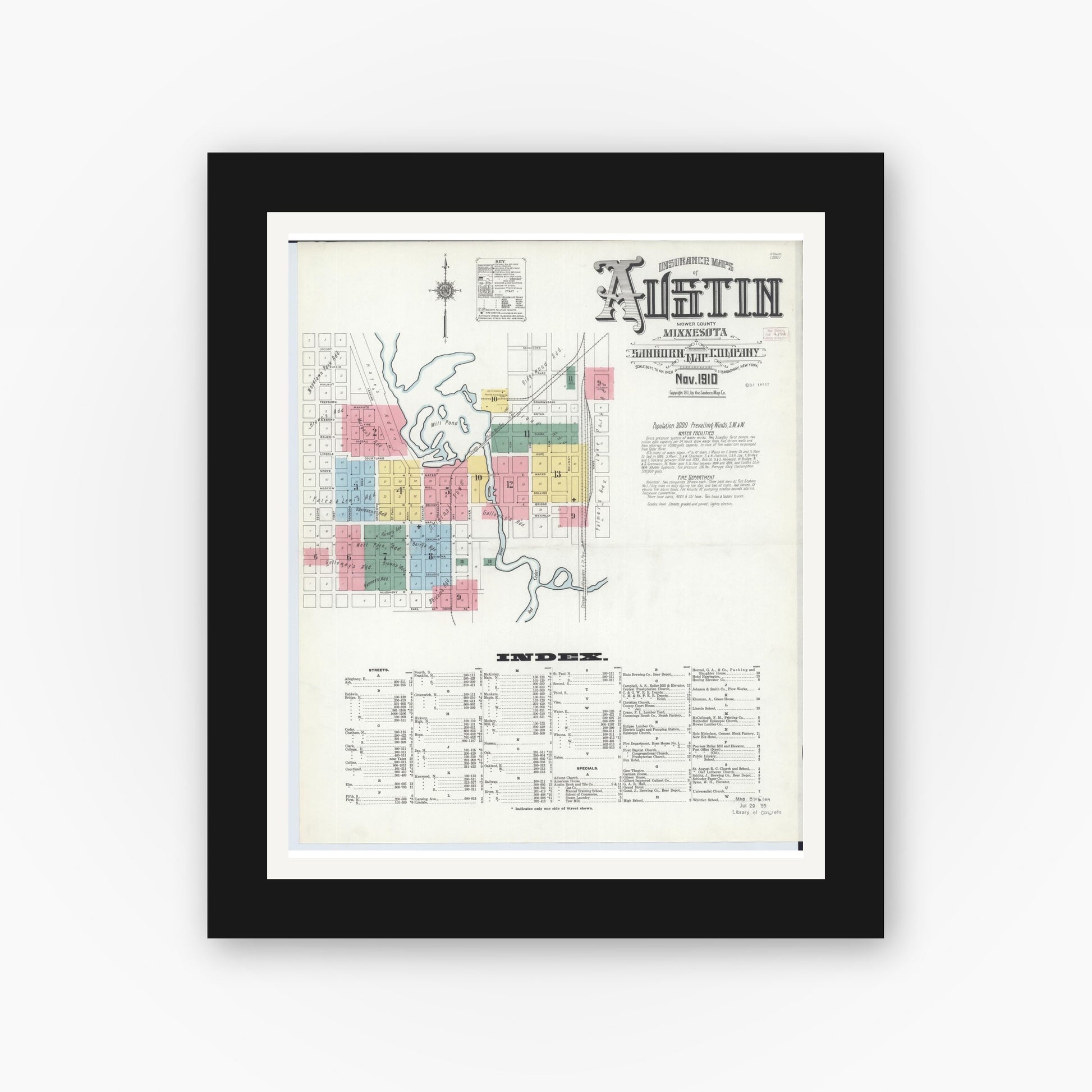 Old map wall art mockup — black gallery frame with white mat — Sanborn Fire Insurance Map from Austin, Mower County, Minnesota (1910), Sheet #0001