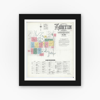 Old map wall art mockup — black gallery frame with white mat — Sanborn Fire Insurance Map from Austin, Mower County, Minnesota (1910), Sheet #0001