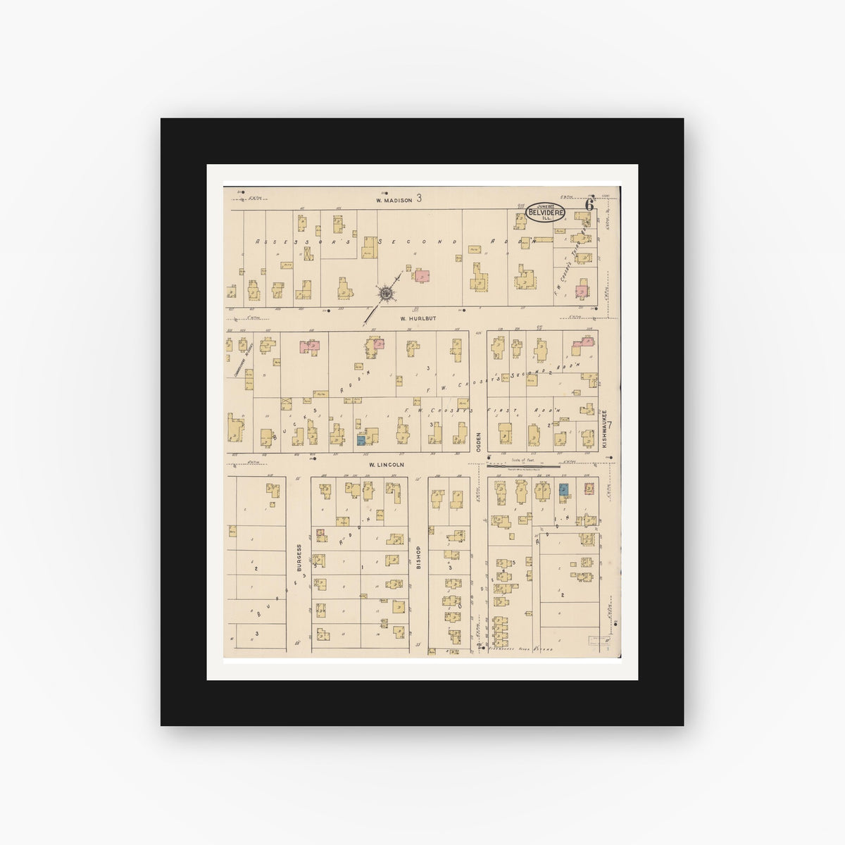Old map wall art mockup — black gallery frame with white mat — Sanborn Fire Insurance Map from Belvidere, Boone County, Illinois (1922), Sheet #0006