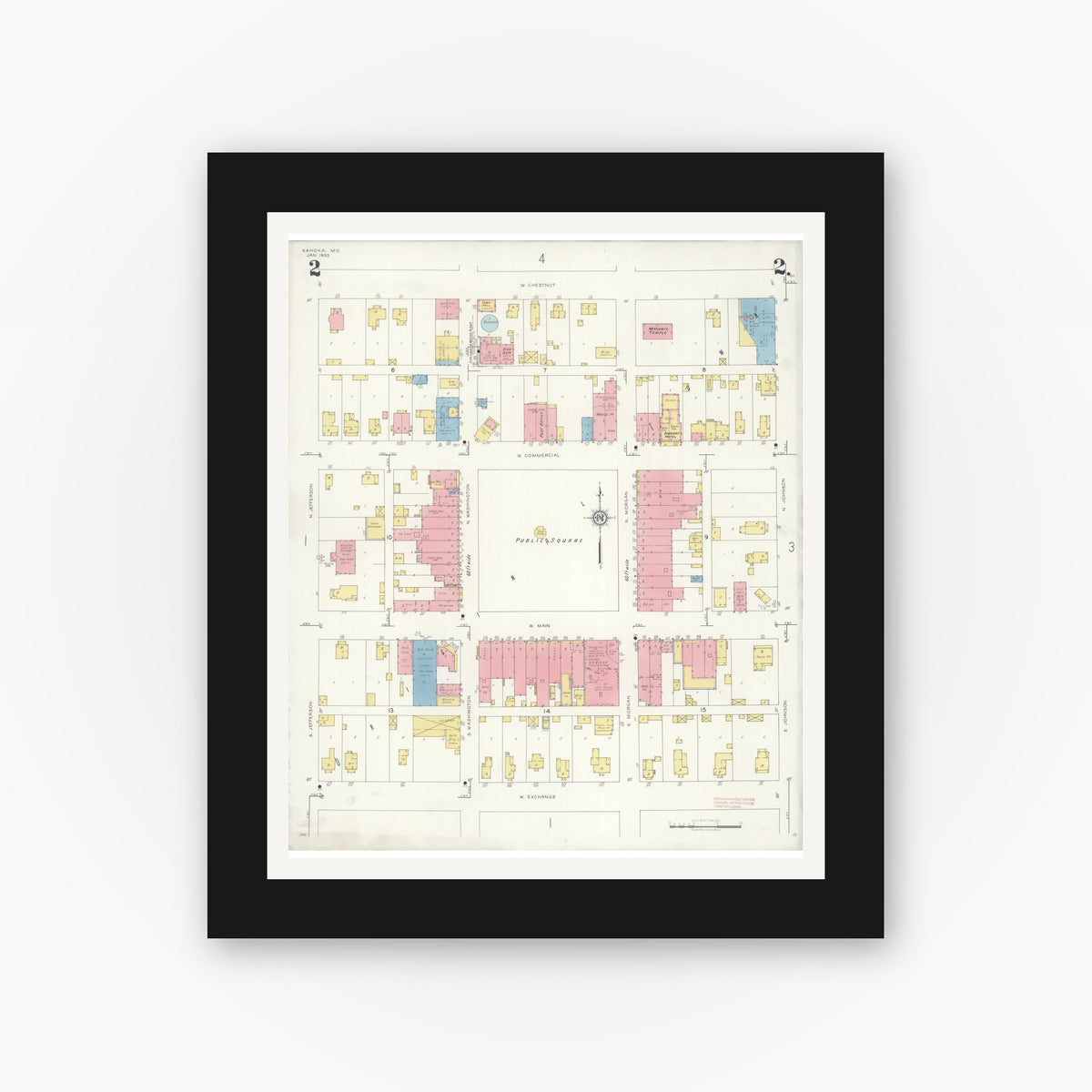 Old map wall art mockup — black gallery frame with white mat — Sanborn Fire Insurance Map from Kahoka, Clark County, Missouri (1933), Sheet #0002