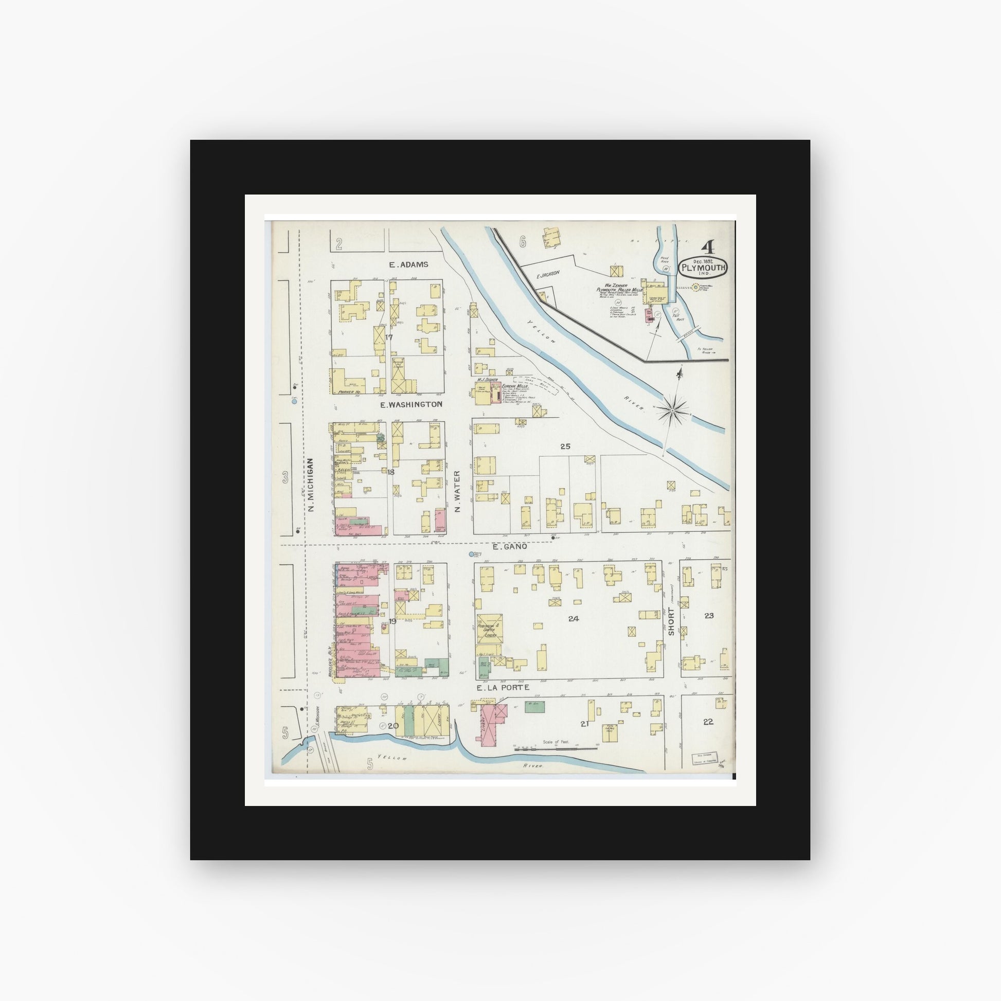 Old map wall art mockup — black gallery frame with white mat — Sanborn Fire Insurance Map from Plymouth, Marhshall County, Indiana (1892), Sheet #0004