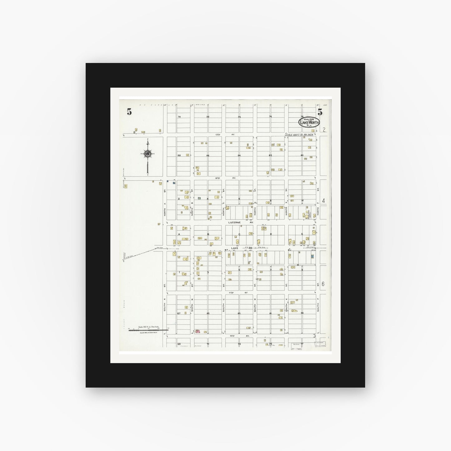 Old map wall art mockup — black gallery frame with white mat — Sanborn Fire Insurance Map from Lake Worth, Palm Beach County, Florida (1924), Sheet #0005