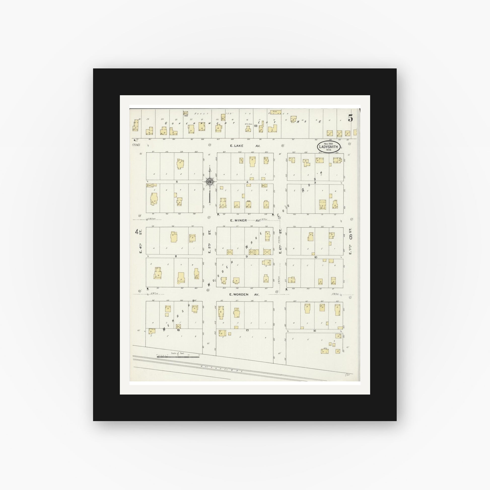 Old map wall art mockup — black gallery frame with white mat — Sanborn Fire Insurance Map from Ladysmith, Rusk County, Wisconsin (1909), Sheet #0005
