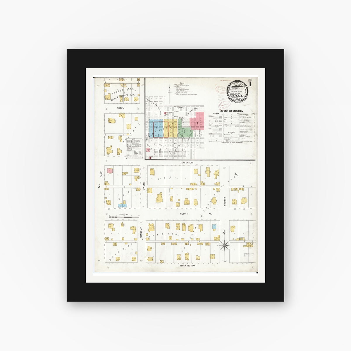 Old map wall art mockup — black gallery frame with white mat — Sanborn Fire Insurance Map from Winterset, Madison County, Iowa (1899), Sheet #0001