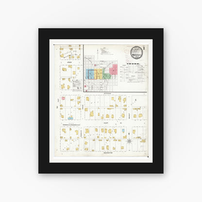Old map wall art mockup — black gallery frame with white mat — Sanborn Fire Insurance Map from Winterset, Madison County, Iowa (1899), Sheet #0001