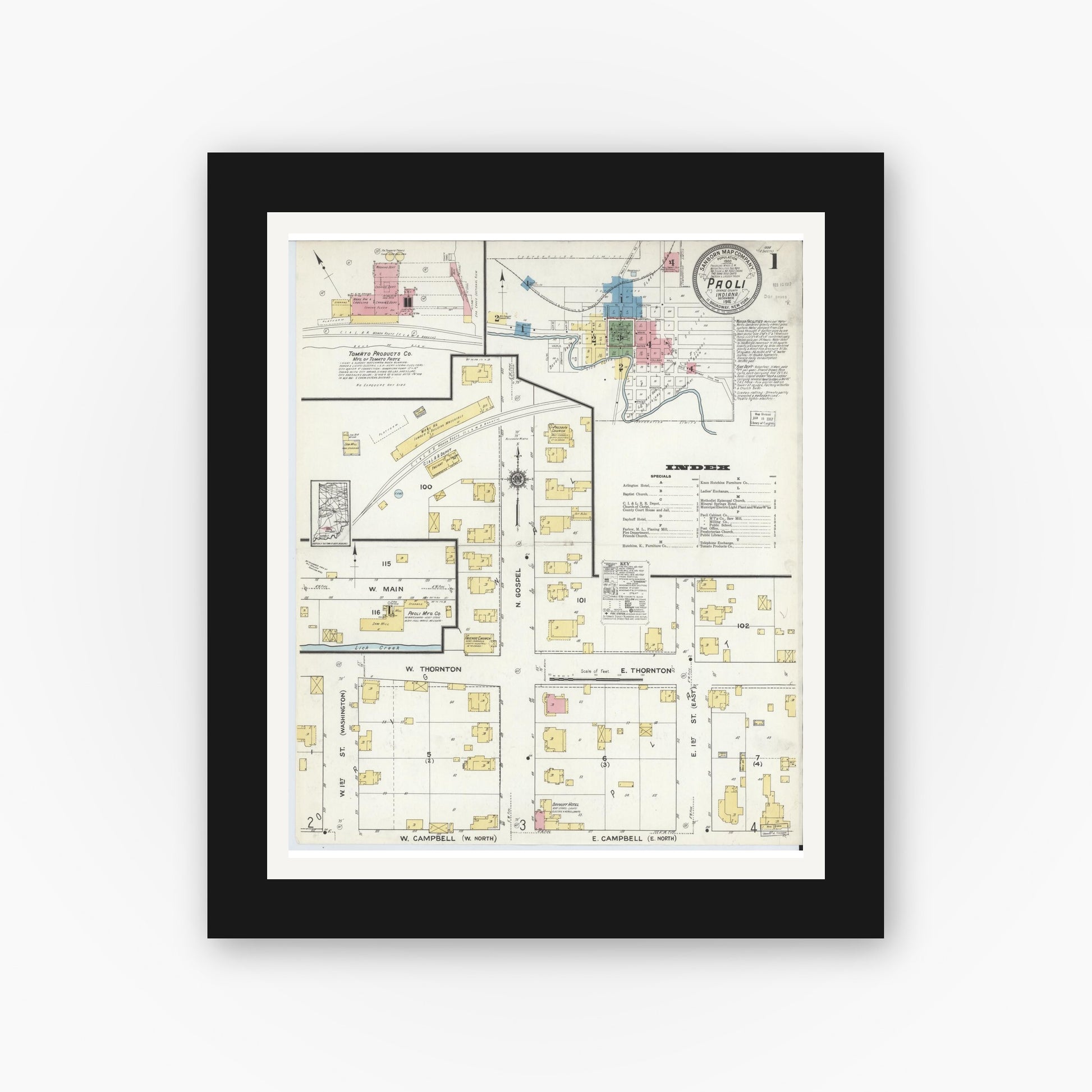 Old map wall art mockup — black gallery frame with white mat — Sanborn Fire Insurance Map from Paoli, Orange County, Indiana (1916) - Complete Map Set