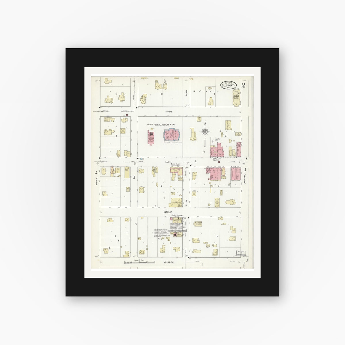 Old map wall art mockup — black gallery frame with white mat — Sanborn Fire Insurance Map from Ellsworth, Pierce County, Wisconsin (1912), Sheet #0002