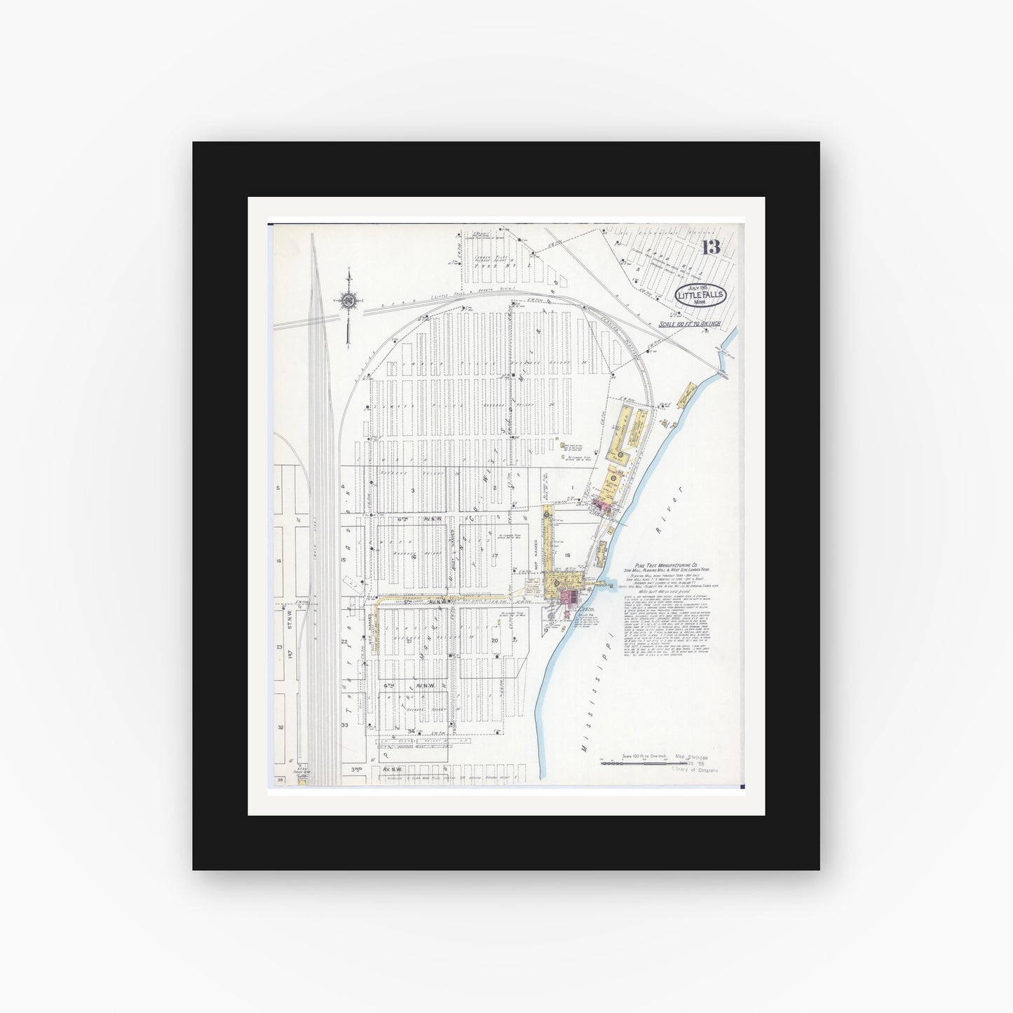 Old map wall art mockup — black gallery frame with white mat — Sanborn Fire Insurance Map from Little Falls, Morrison County, Minnesota (1915), Sheet #0013