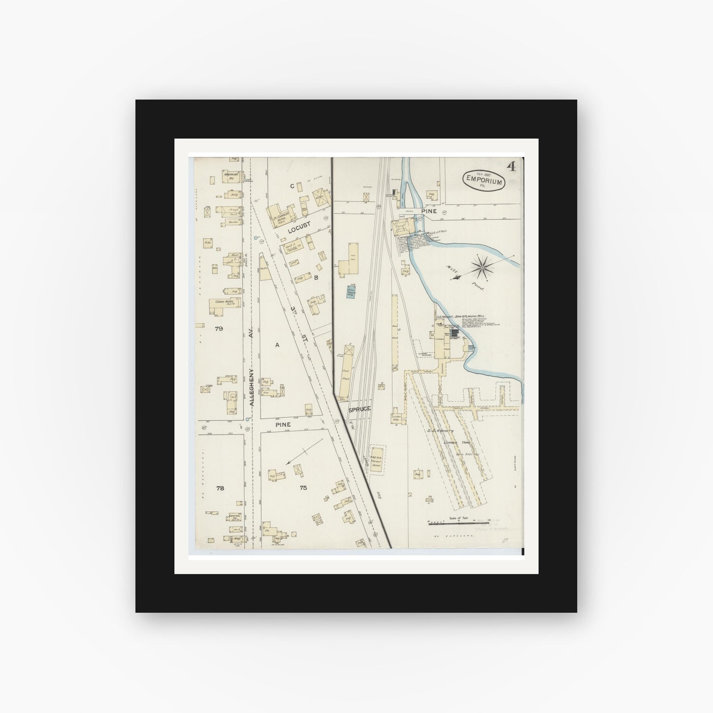Old map wall art mockup — black gallery frame with white mat — Sanborn Fire Insurance Map from Emporium, Cameron County, Pennsylvania (1887), Sheet #0004