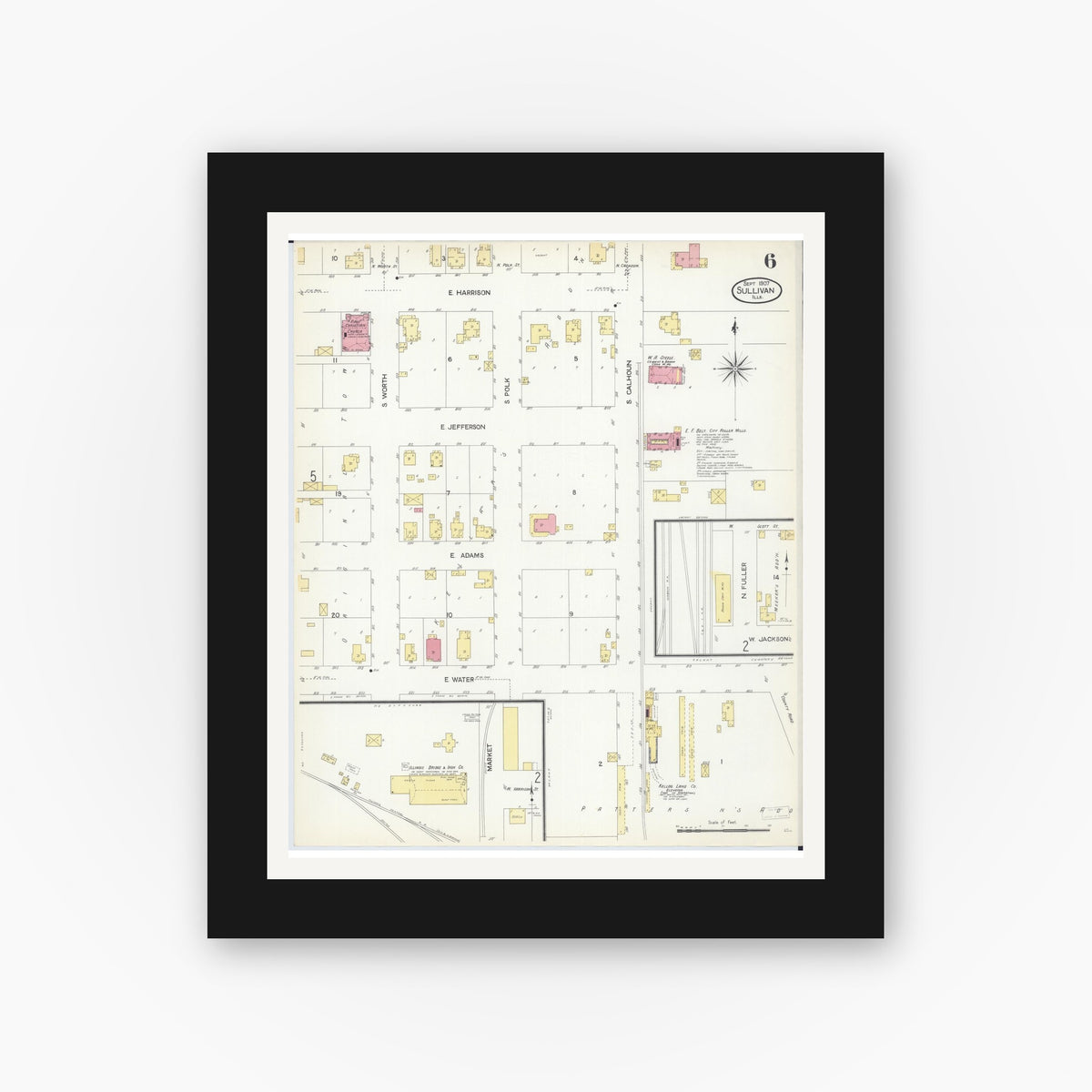 Old map wall art mockup — black gallery frame with white mat — Sanborn Fire Insurance Map from Sullivan, Moultrie County, Illinois (1907), Sheet #0006