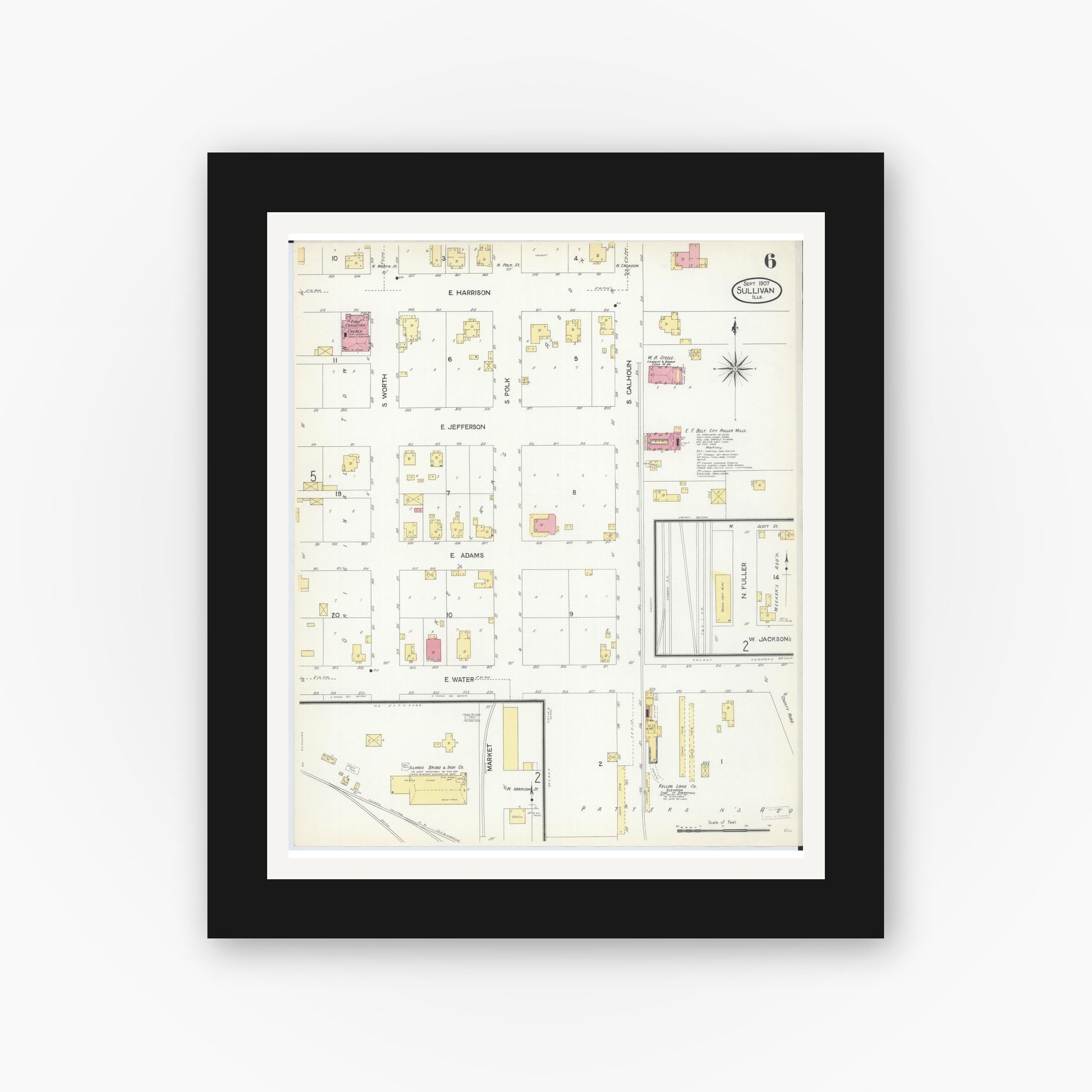 Old map wall art mockup — black gallery frame with white mat — Sanborn Fire Insurance Map from Sullivan, Moultrie County, Illinois (1907), Sheet #0006