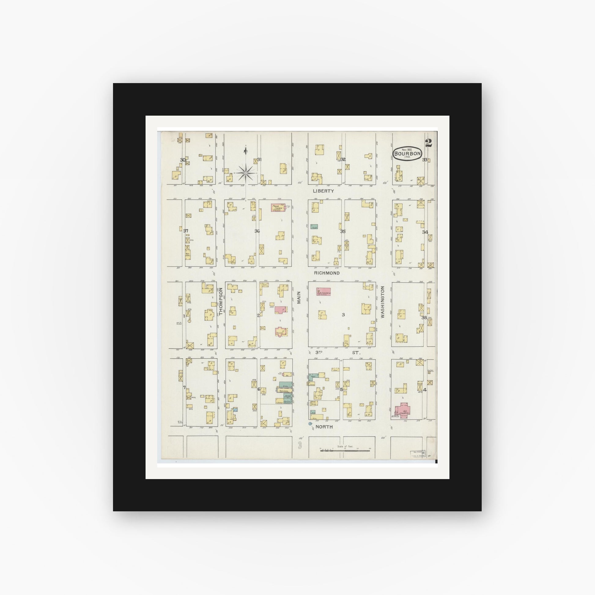 Old map wall art mockup — black gallery frame with white mat — Sanborn Fire Insurance Map from Bourbon, Marshall County, Indiana (1892), Sheet #0002
