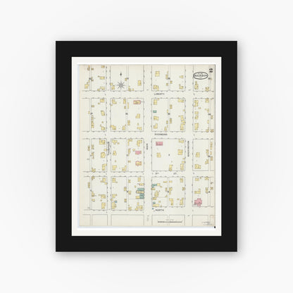 Old map wall art mockup — black gallery frame with white mat — Sanborn Fire Insurance Map from Bourbon, Marshall County, Indiana (1892), Sheet #0002