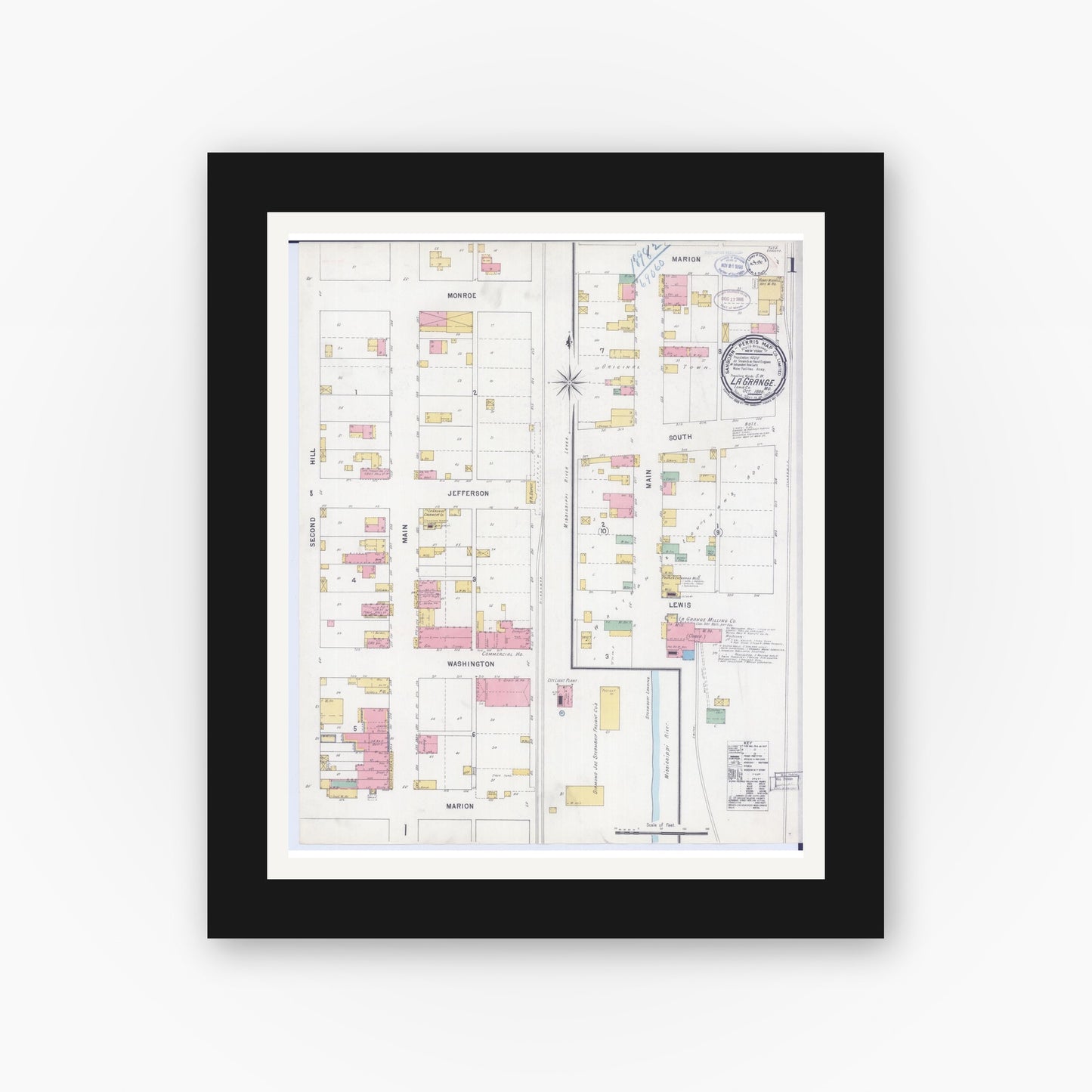 Old map wall art mockup — black gallery frame with white mat — Sanborn Fire Insurance Map from La Grange, Lewis County, Missouri (1898), Sheet #0001