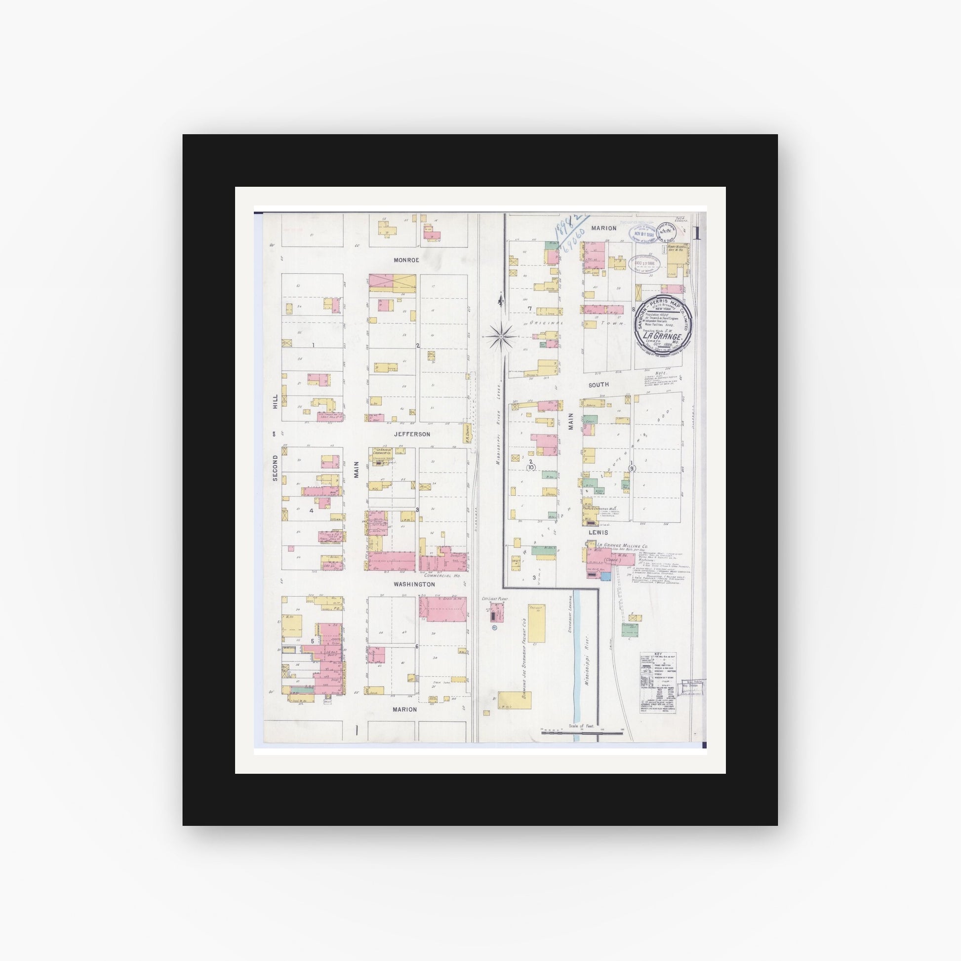 Old map wall art mockup — black gallery frame with white mat — Sanborn Fire Insurance Map from La Grange, Lewis County, Missouri (1898), Sheet #0001